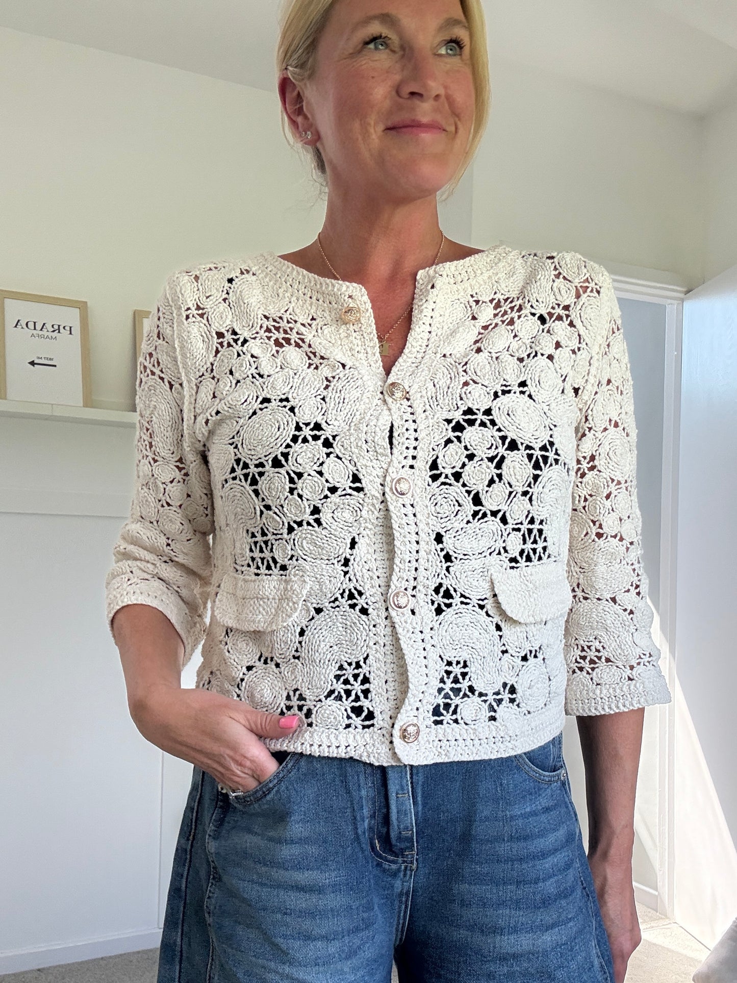 White Crochet Cardigan with Gold Buttons
