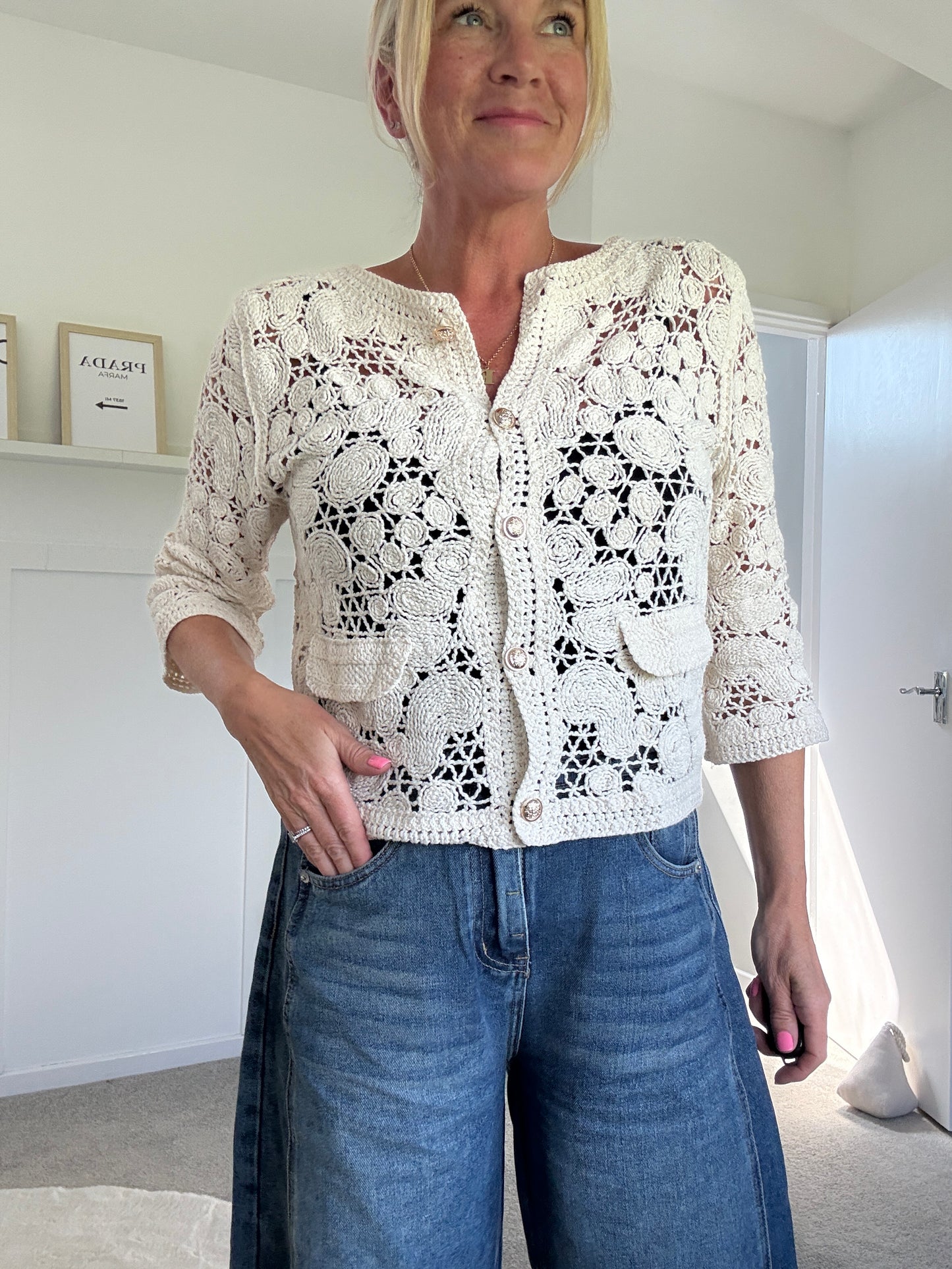 White Crochet Cardigan with Gold Buttons