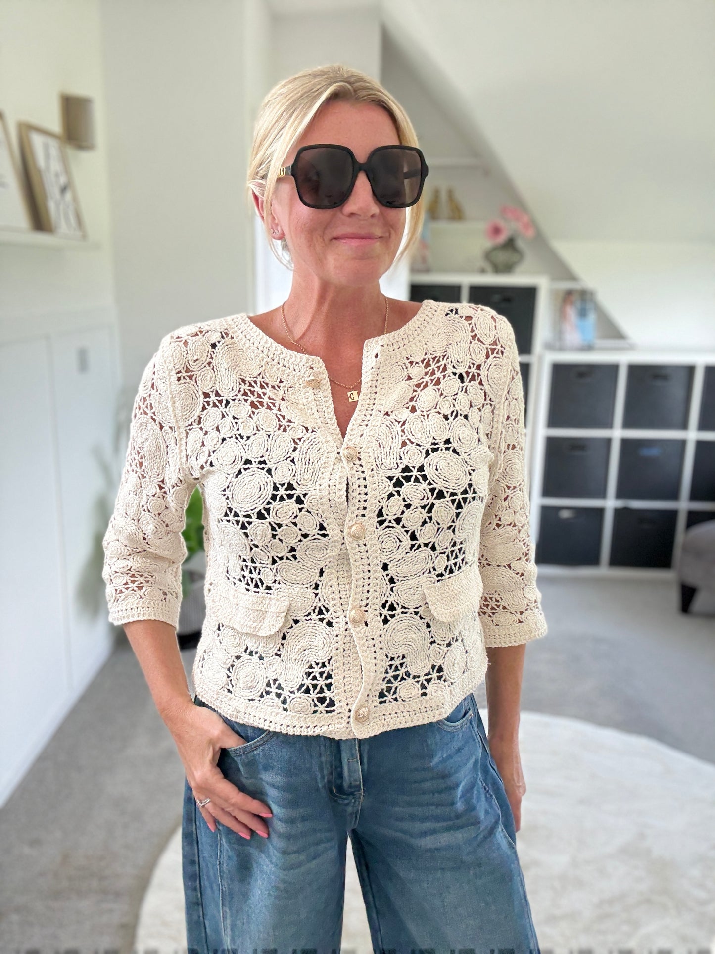 White Crochet Cardigan with Gold Buttons