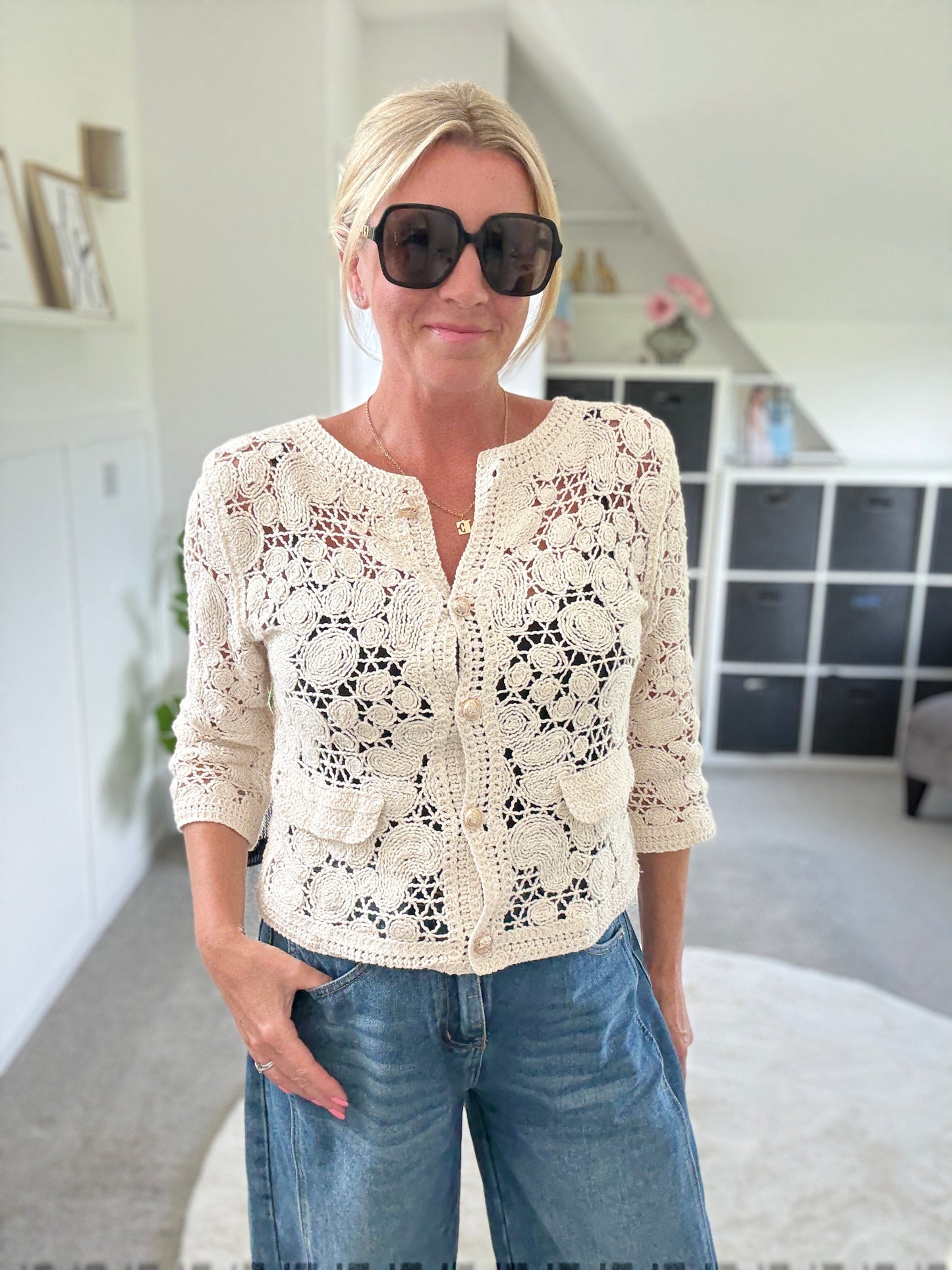 White Crochet Cardigan with Gold Buttons