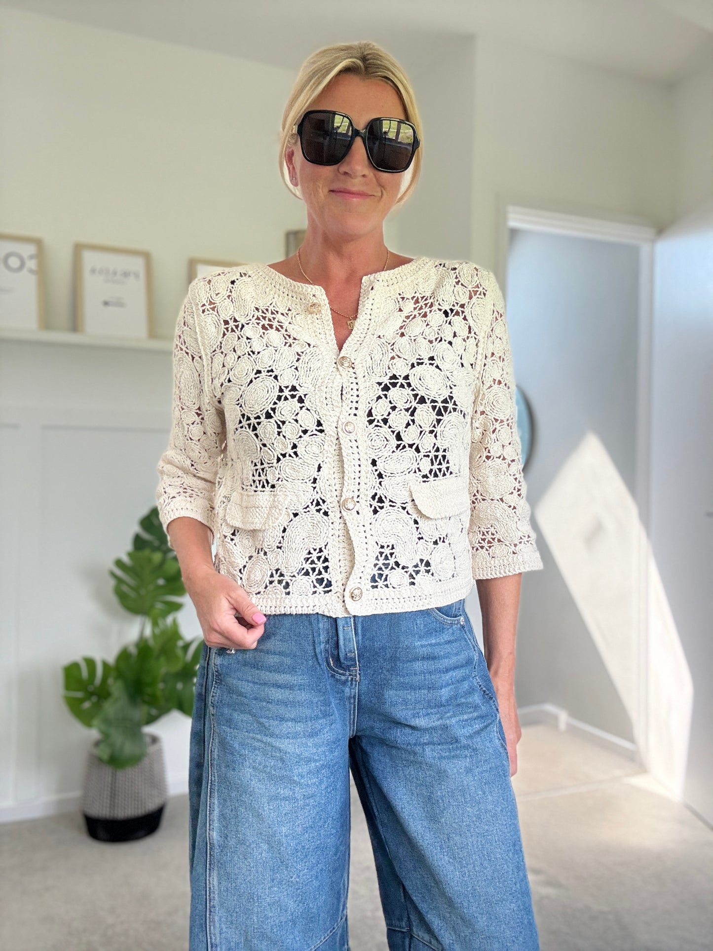 White Crochet Cardigan with Gold Buttons