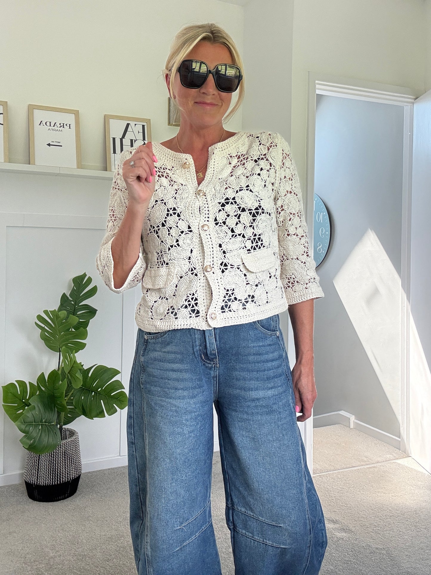 White Crochet Cardigan with Gold Buttons