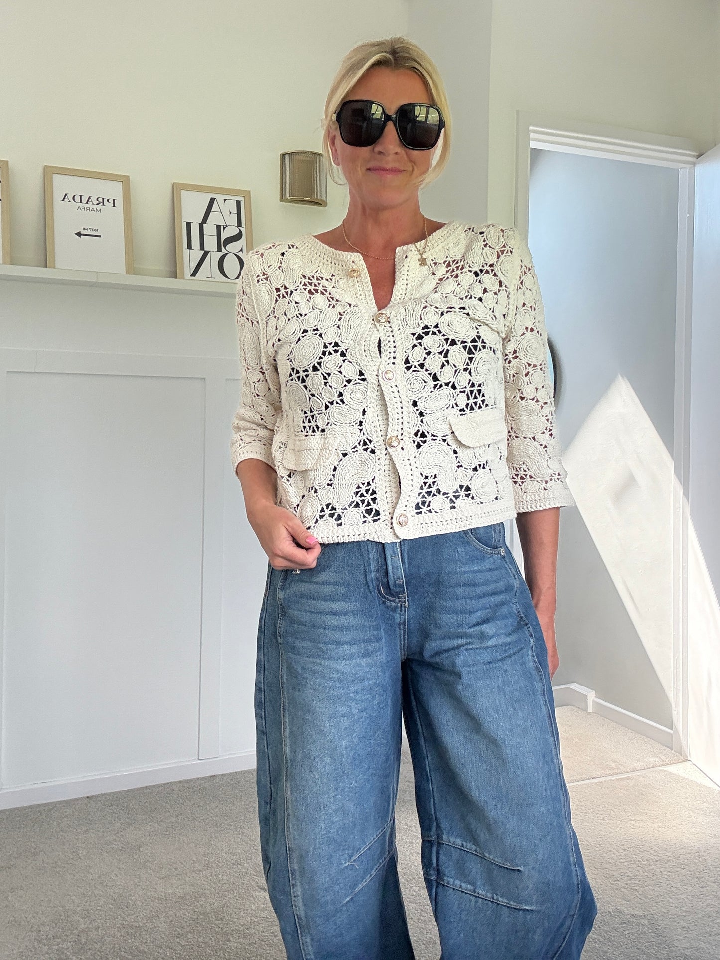 White Crochet Cardigan with Gold Buttons