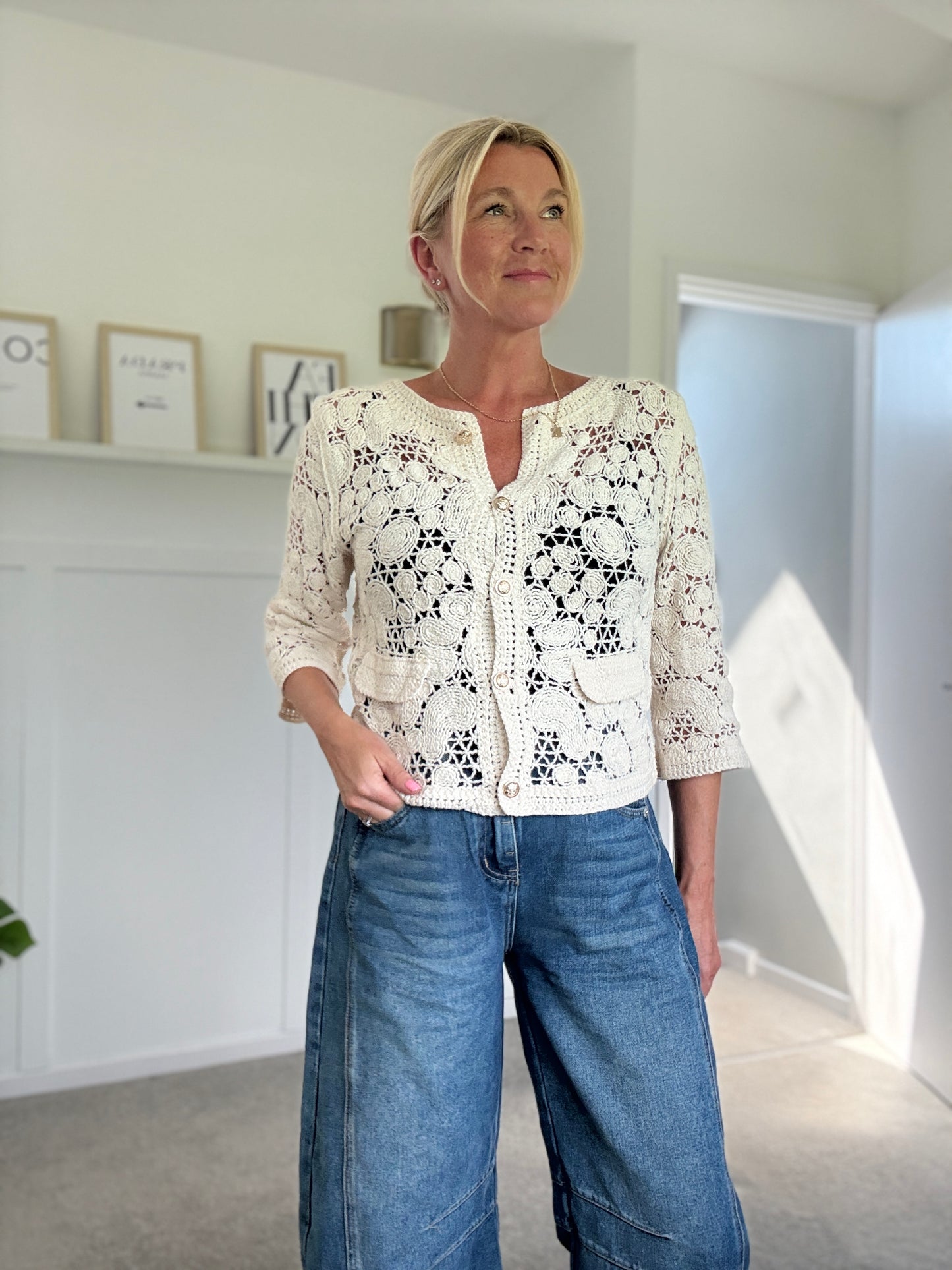 White Crochet Cardigan with Gold Buttons