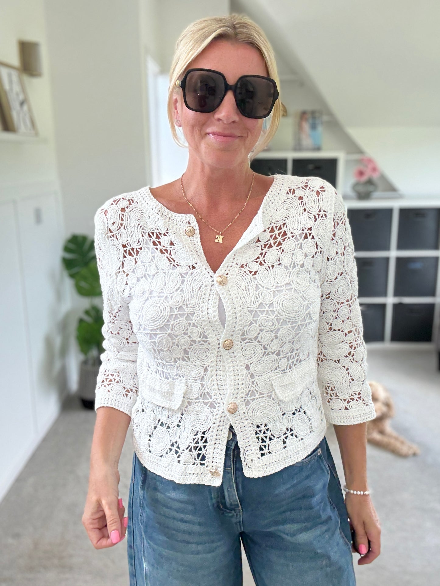 White Crochet Cardigan with Gold Buttons