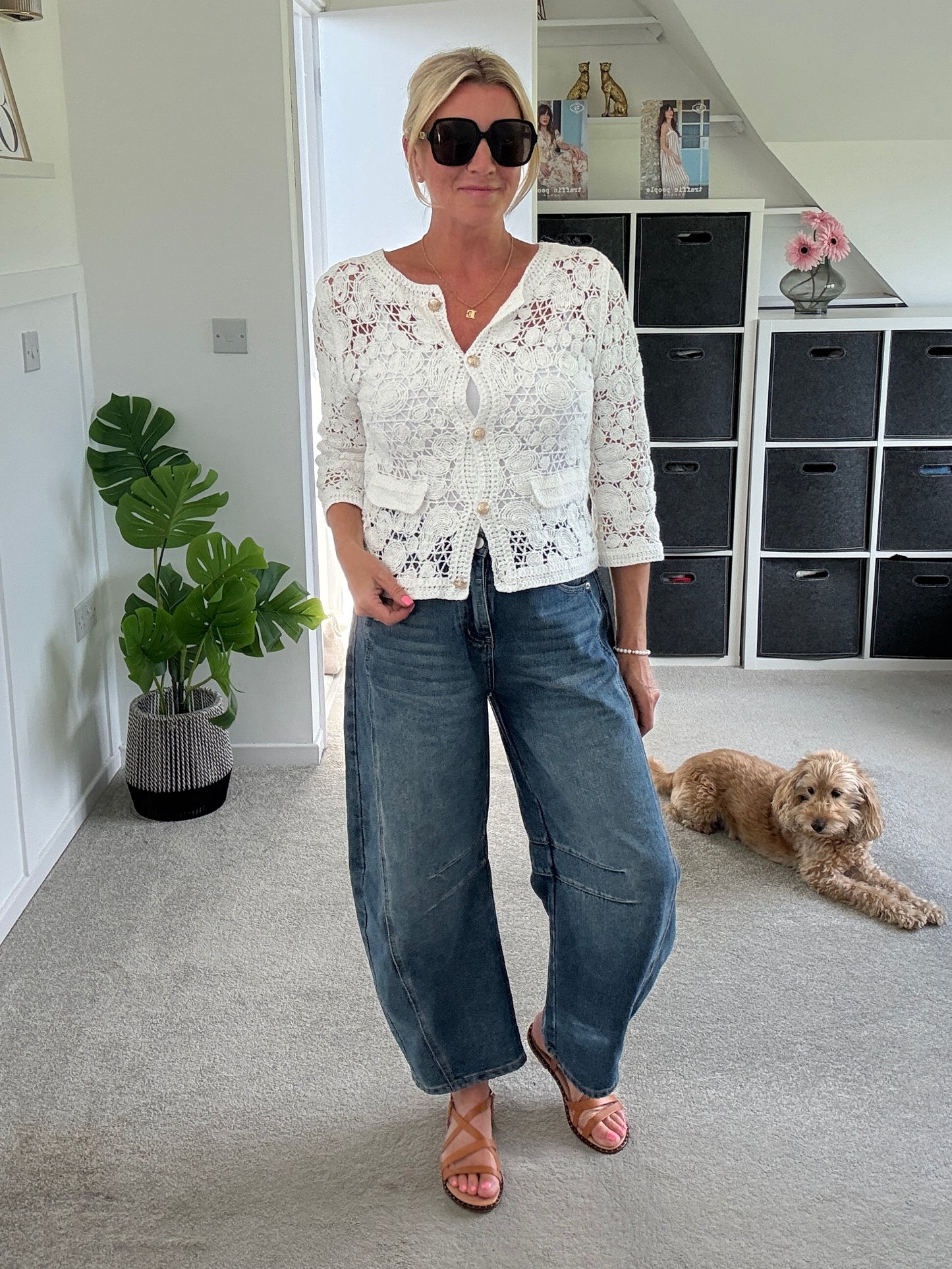 White Crochet Cardigan with Gold Buttons