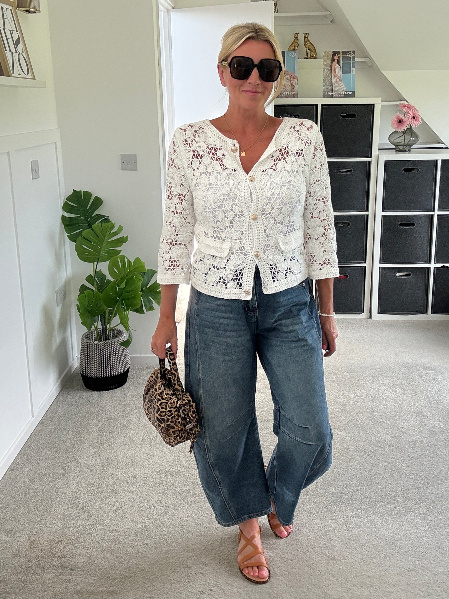 White Crochet Cardigan with Gold Buttons