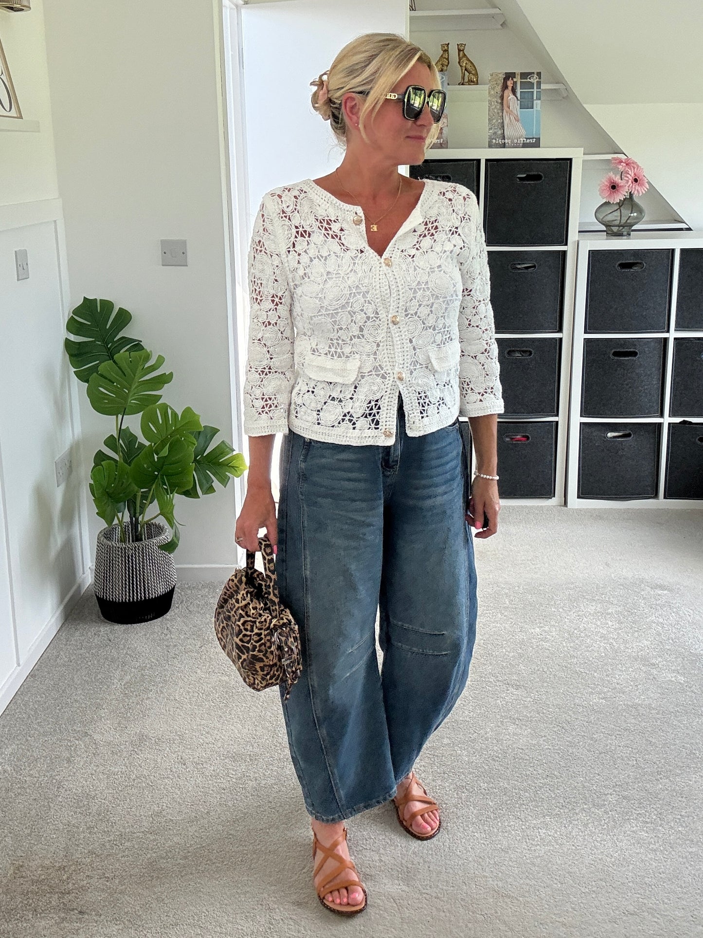 White Crochet Cardigan with Gold Buttons