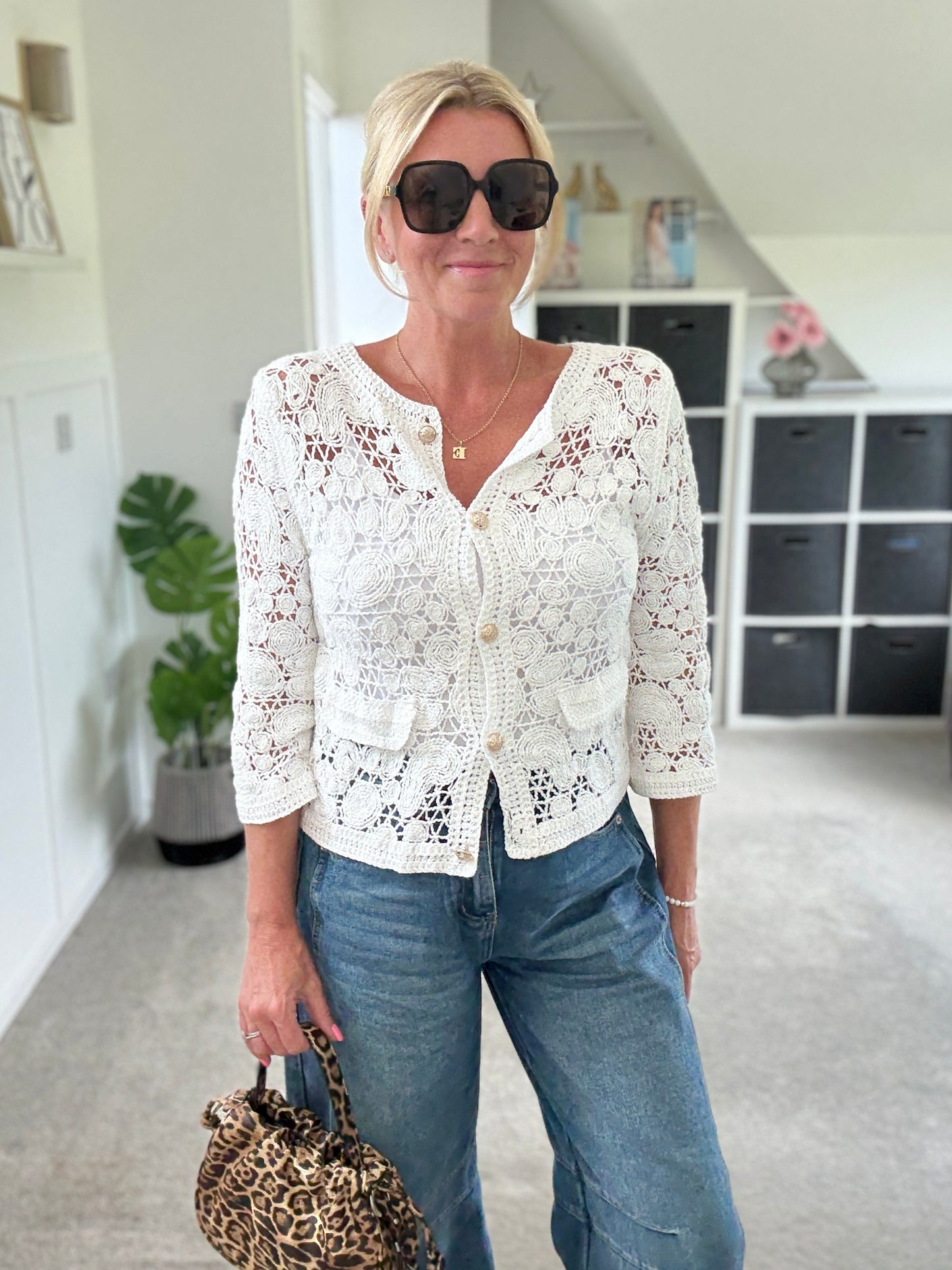 White Crochet Cardigan with Gold Buttons