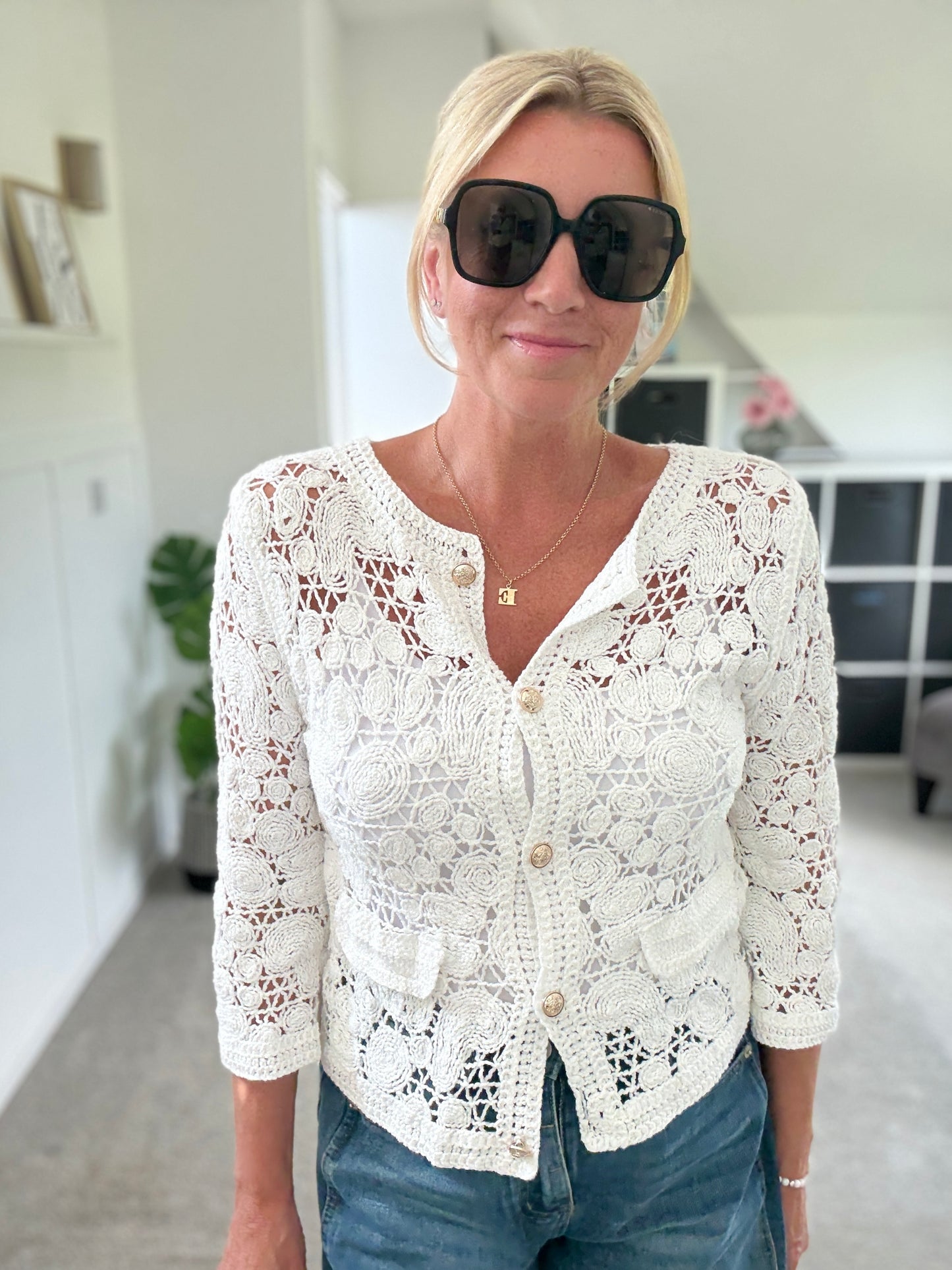 White Crochet Cardigan with Gold Buttons