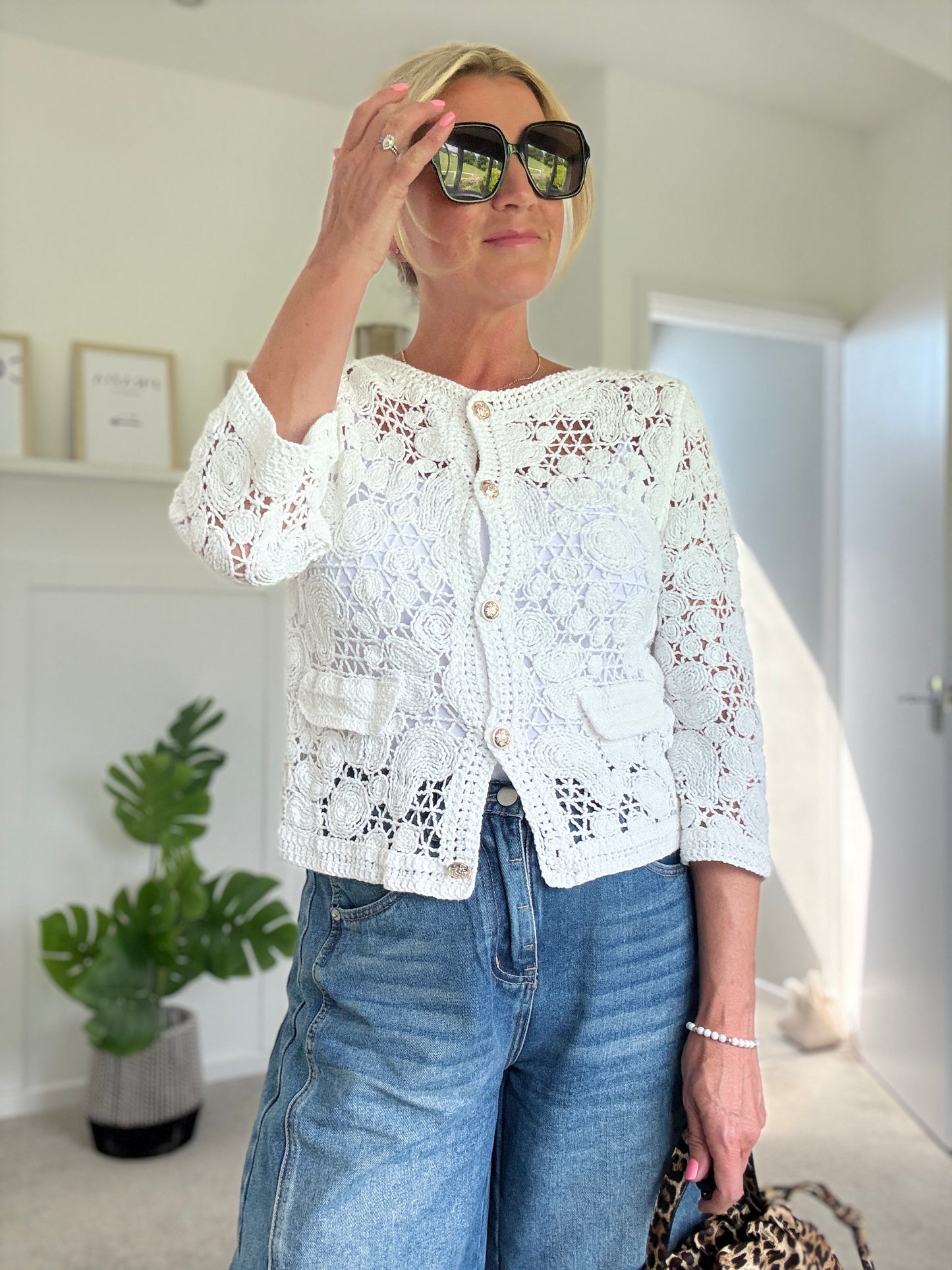 White Crochet Cardigan with Gold Buttons