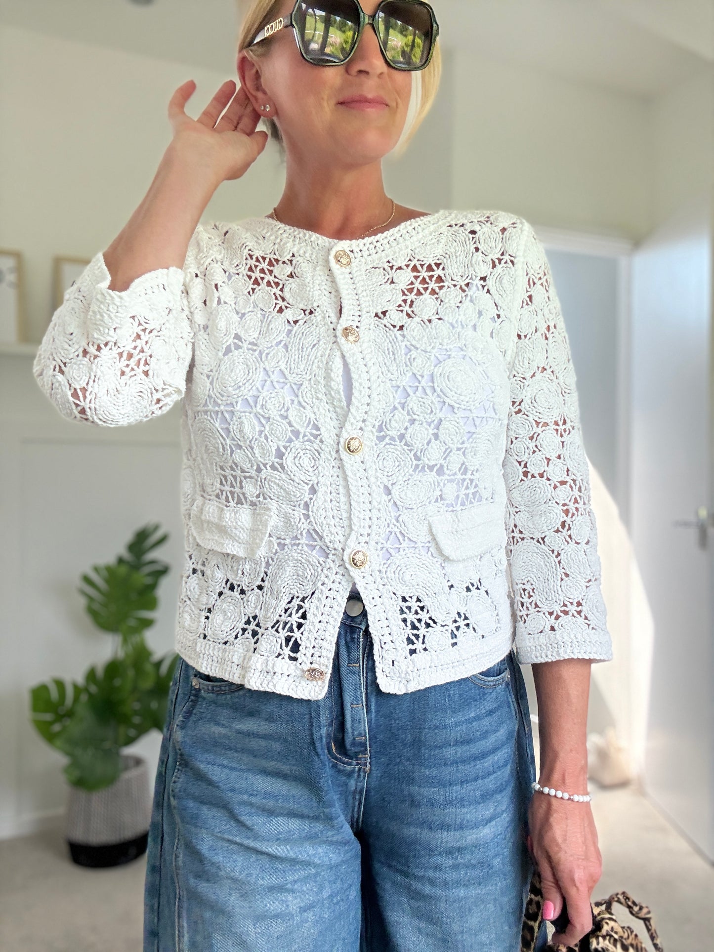 White Crochet Cardigan with Gold Buttons