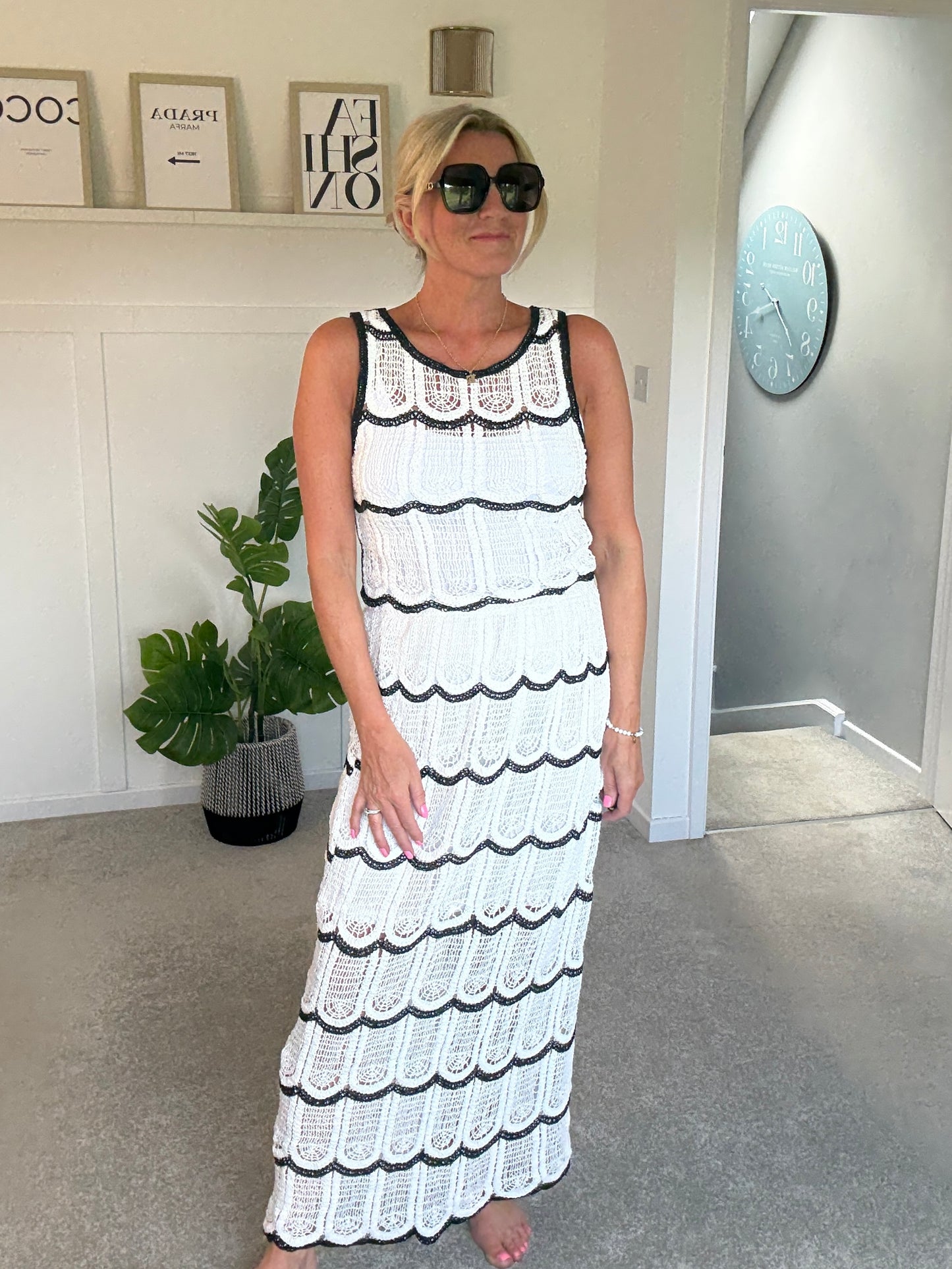 White/Black Crochet Top & Maxi Skirt Co Ord