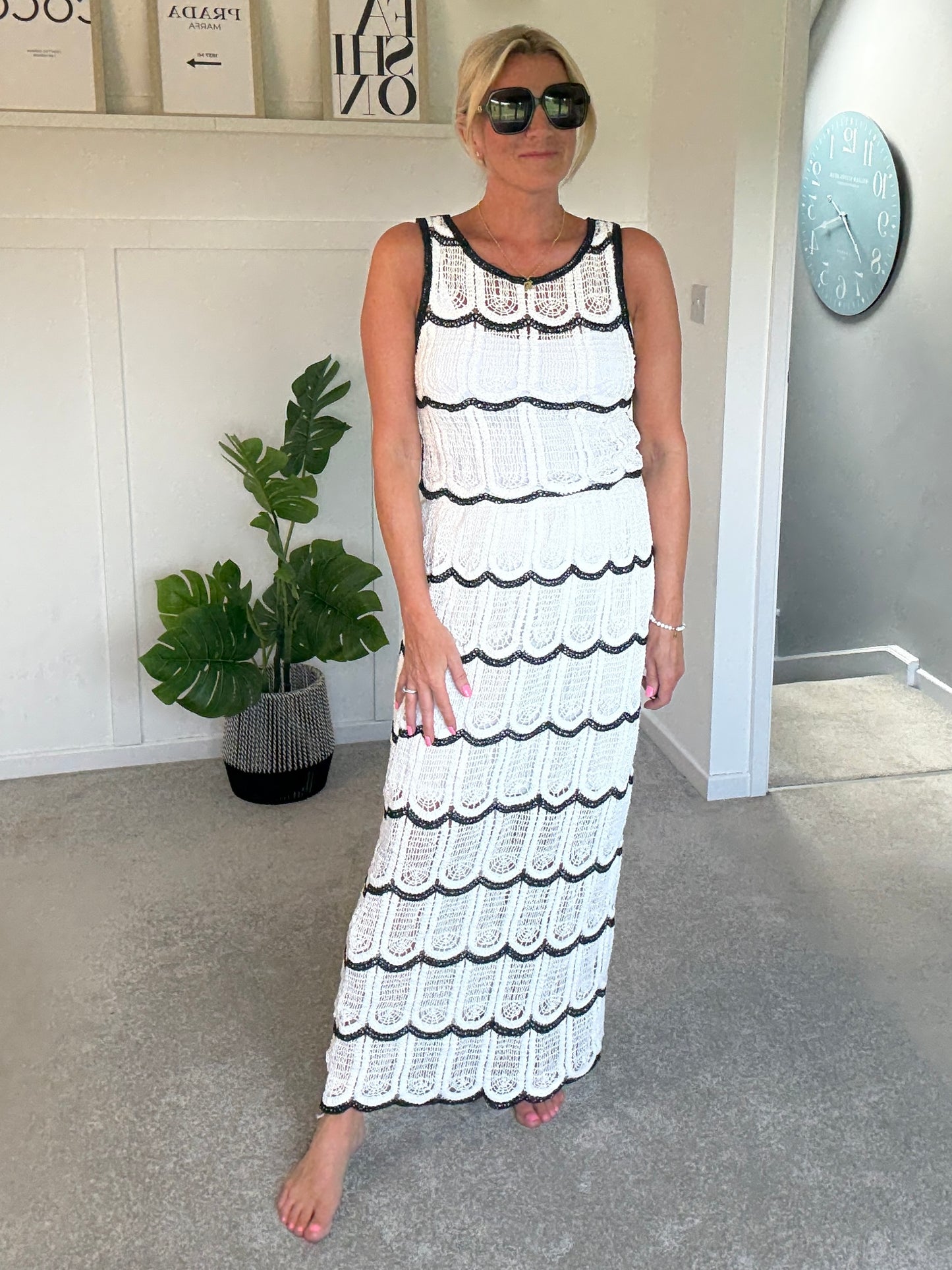 White/Black Crochet Top & Maxi Skirt Co Ord