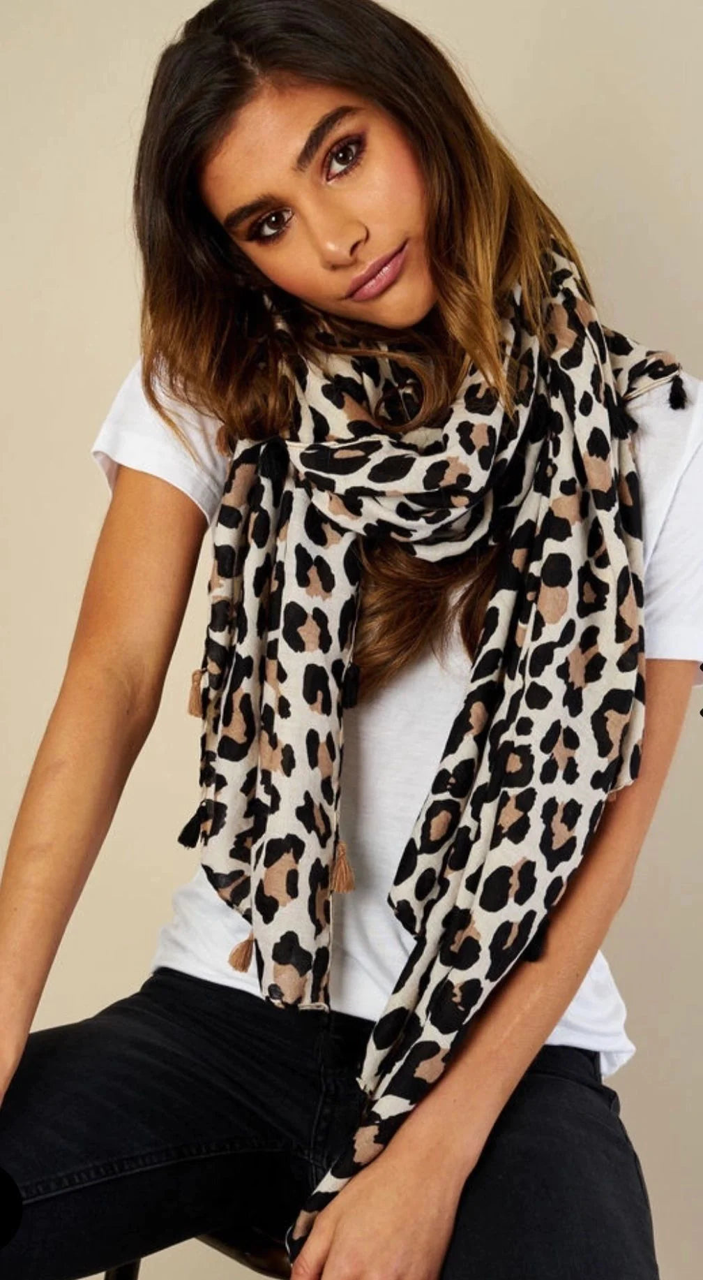 Cream Leopard Tassel Scarf