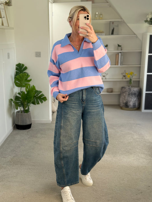 Sky Blue/Pink Stripe Polo Top