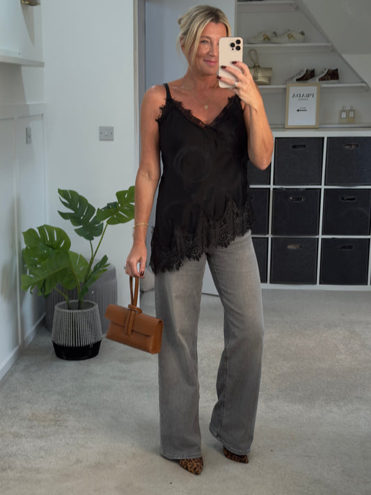 Black Satin Lace Asymmetric Cami Top