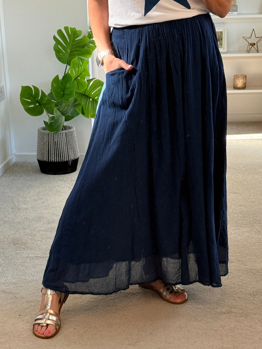 Navy Cotton Pocket Maxi Skirt