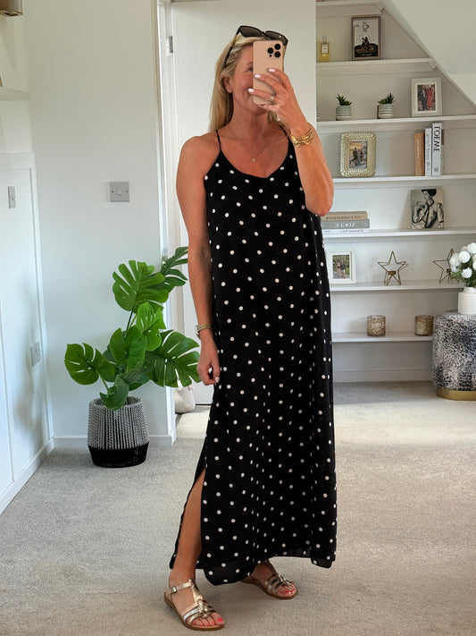 Black/White Polka Dot Strappy Maxi Dress