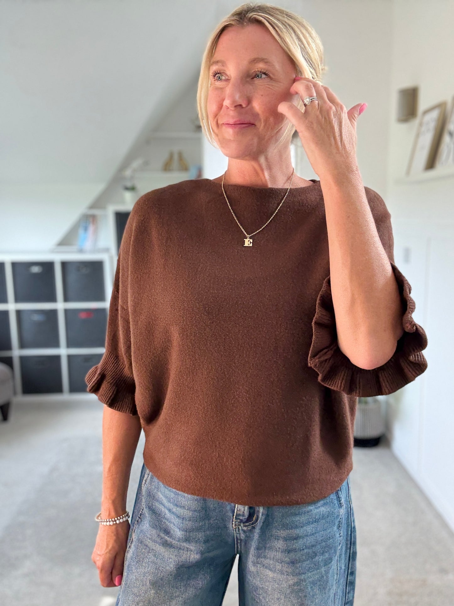 Chocolate Frill Sleeve Batwing Jumper