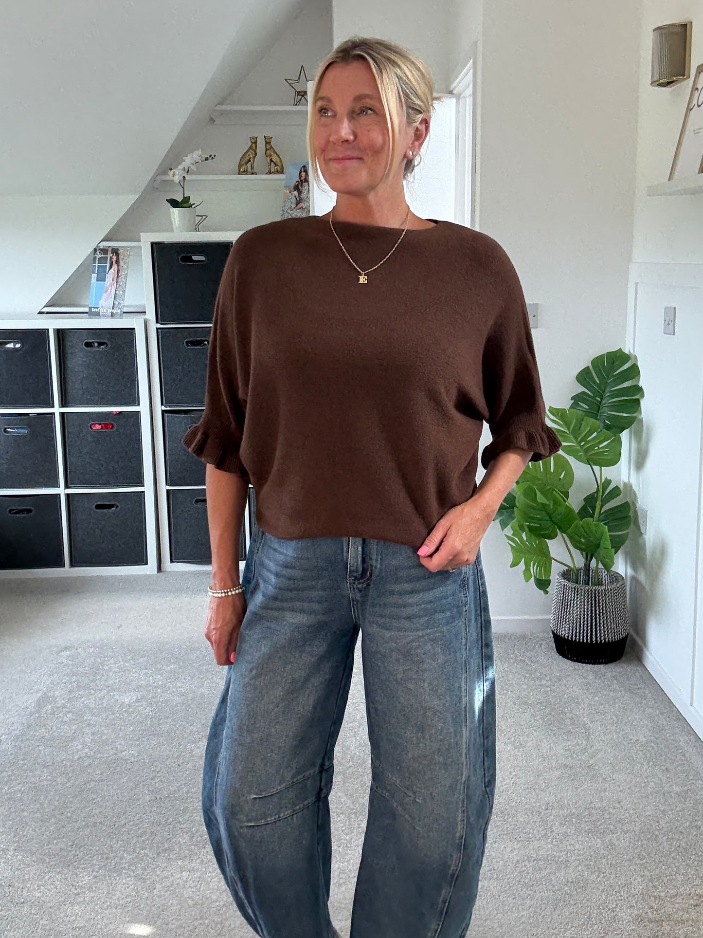 Chocolate Frill Sleeve Batwing Jumper