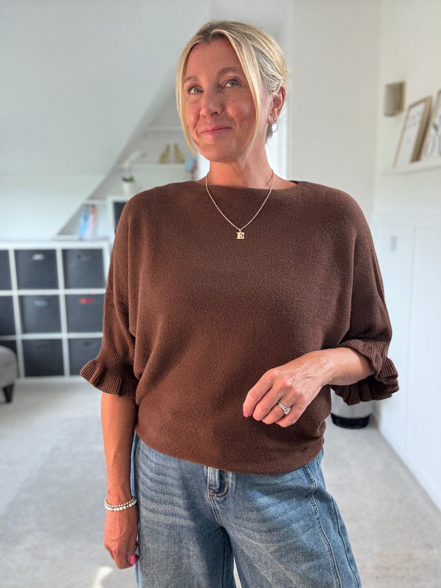 Chocolate Frill Sleeve Batwing Jumper