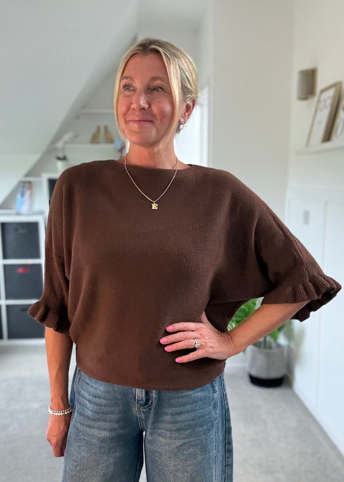 Chocolate Frill Sleeve Batwing Jumper