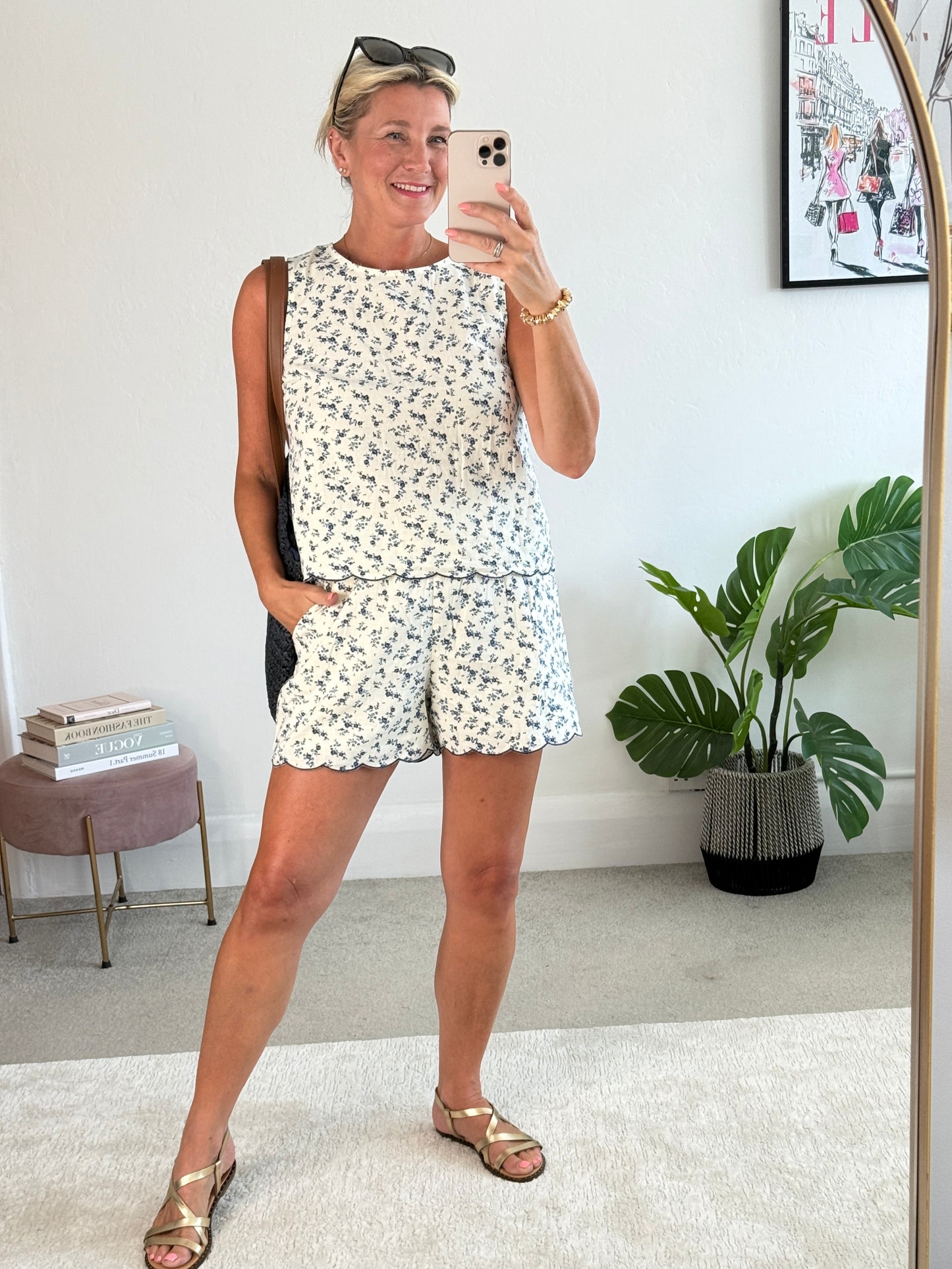 Navy Floral Scallop Edge Top