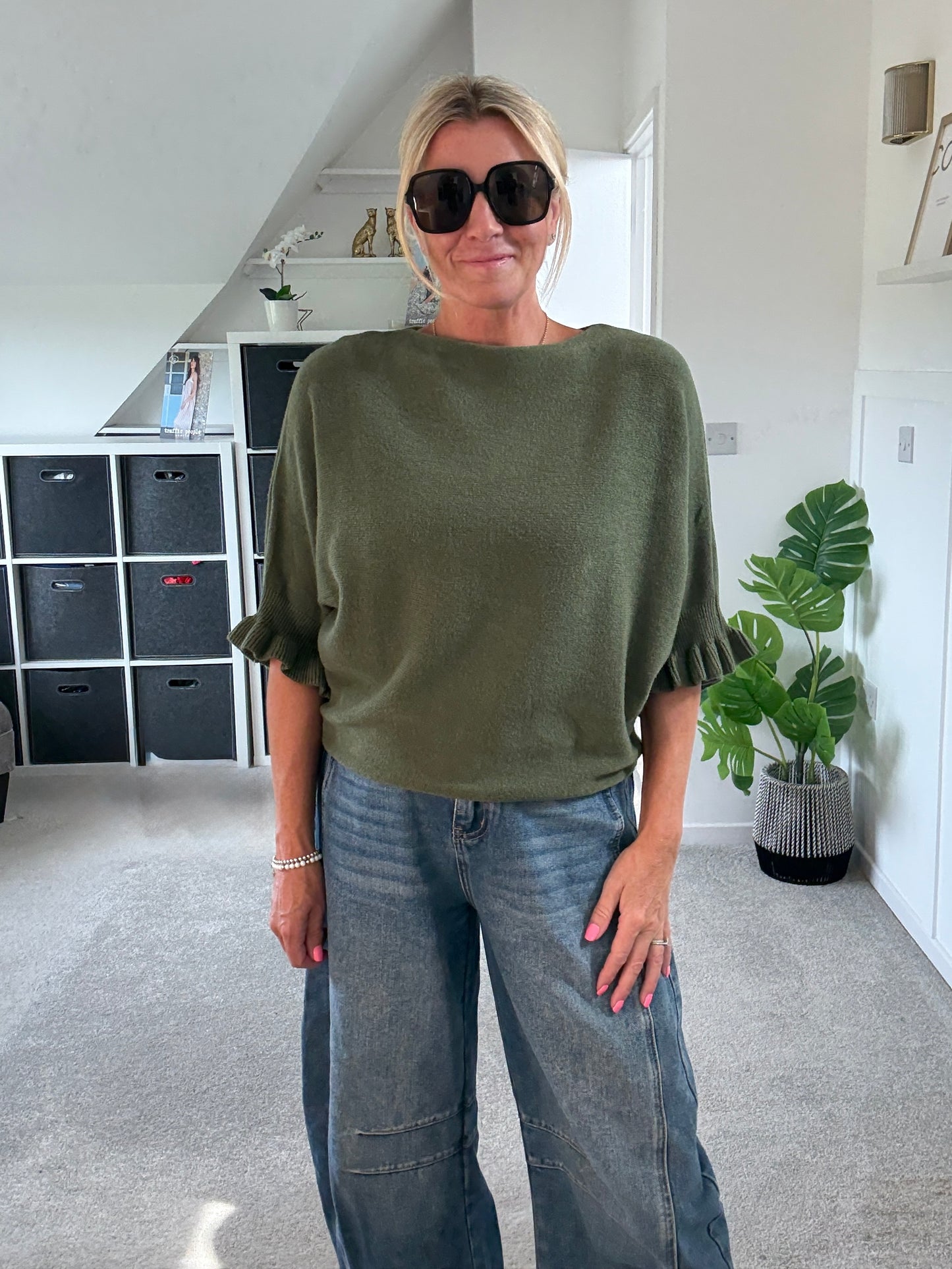 Khaki Frill Sleeve Batwing Jumper