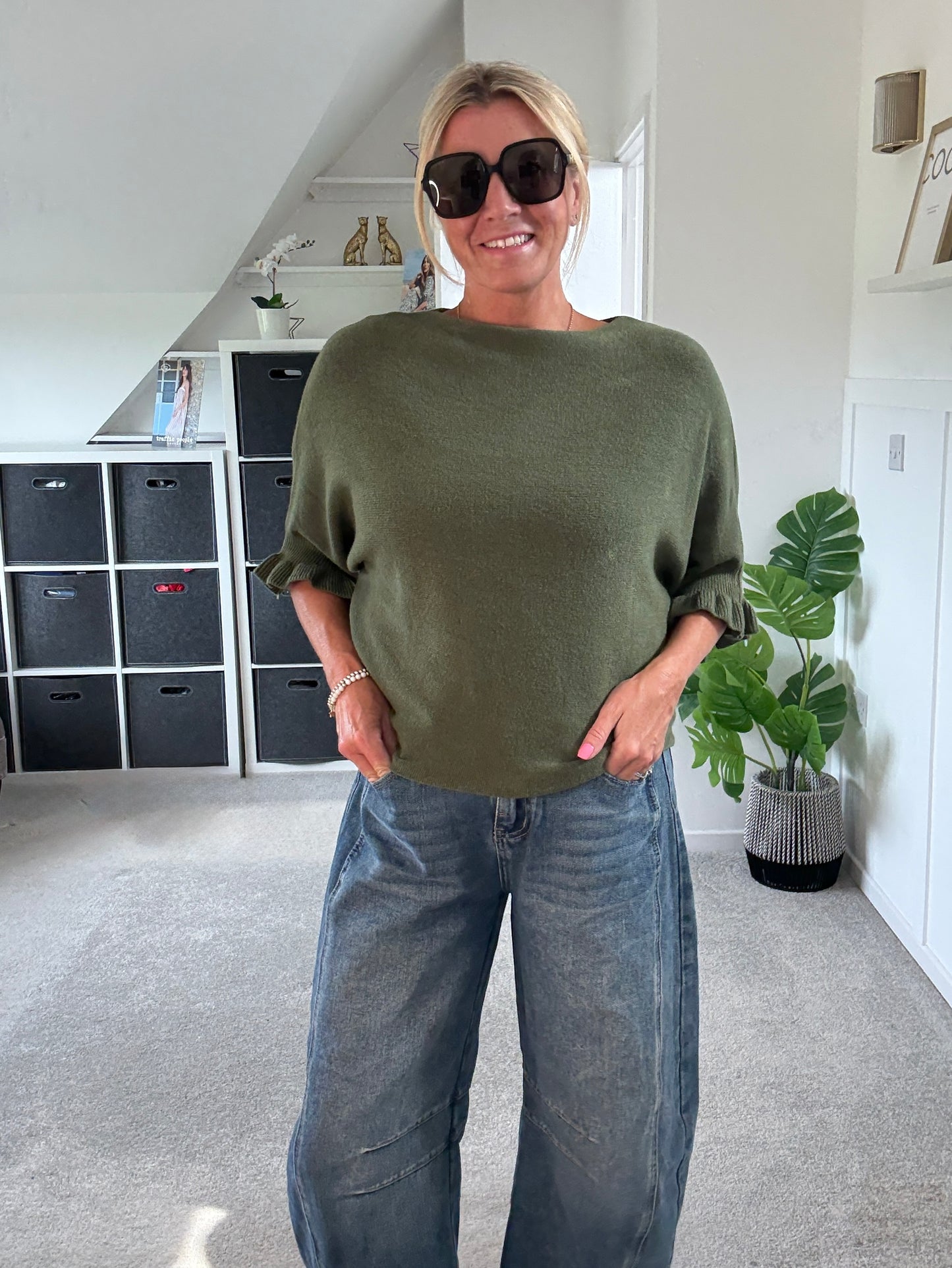 Khaki Frill Sleeve Batwing Jumper