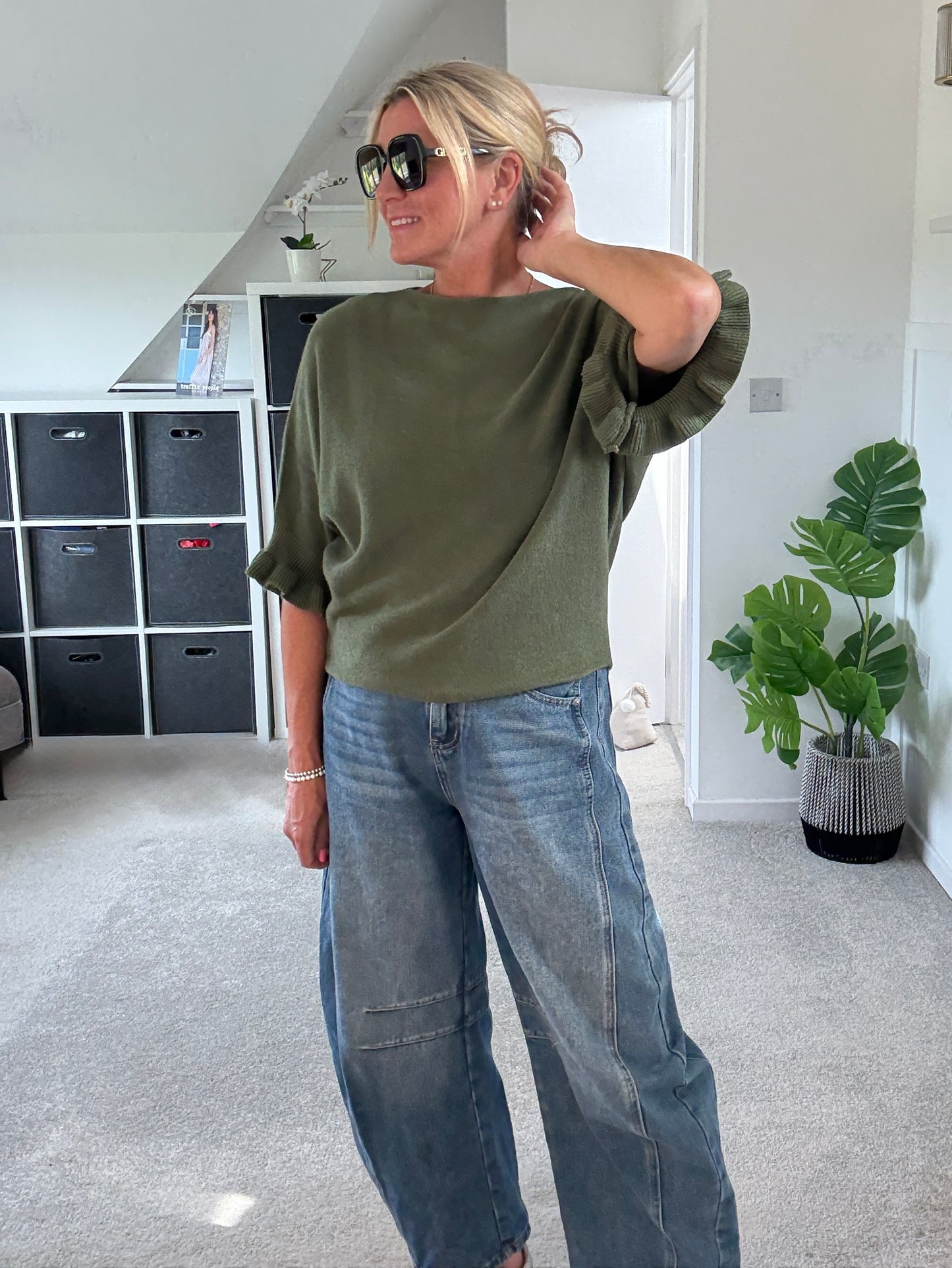Khaki Frill Sleeve Batwing Jumper