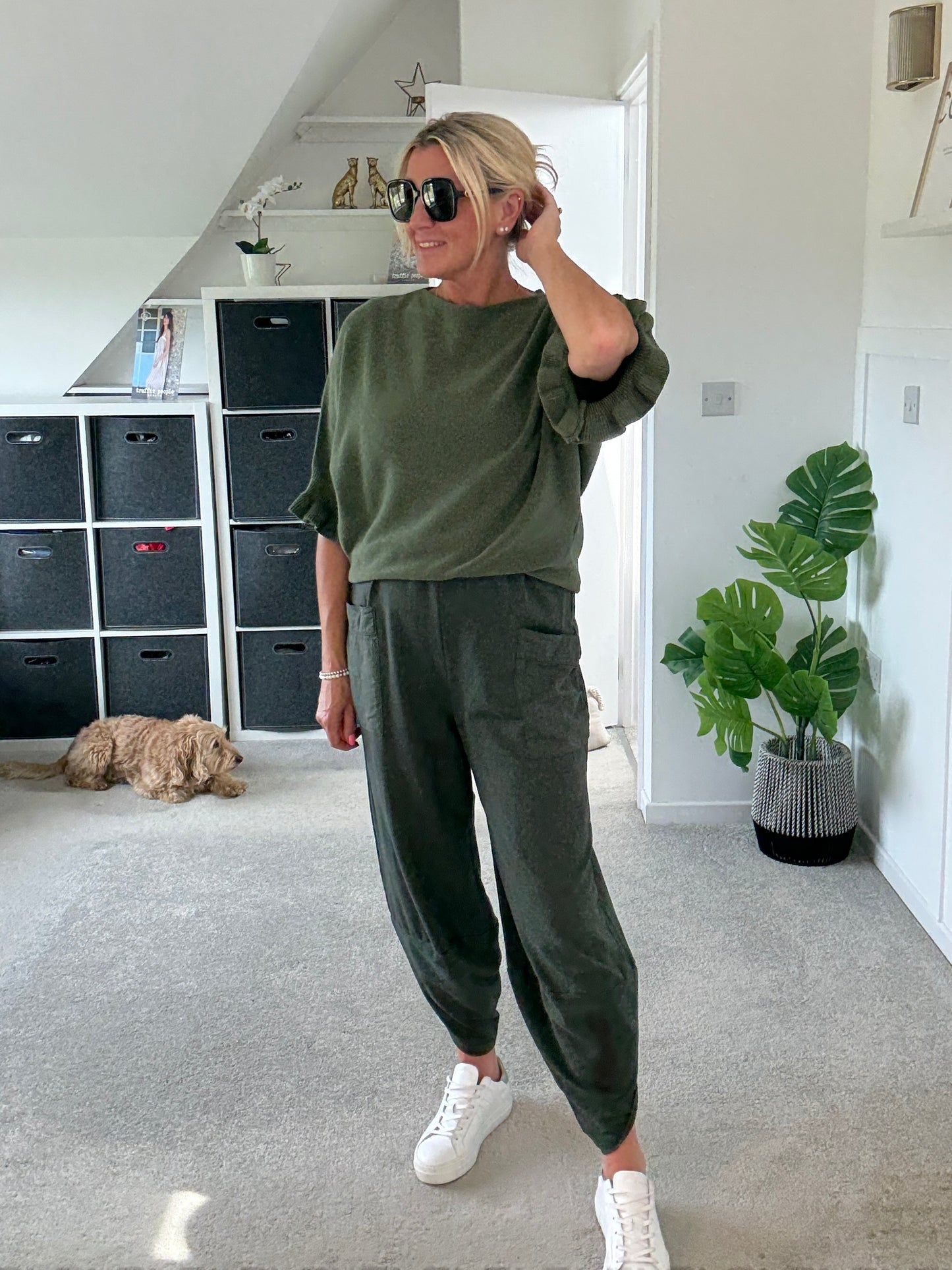 Khaki Frill Sleeve Batwing Jumper