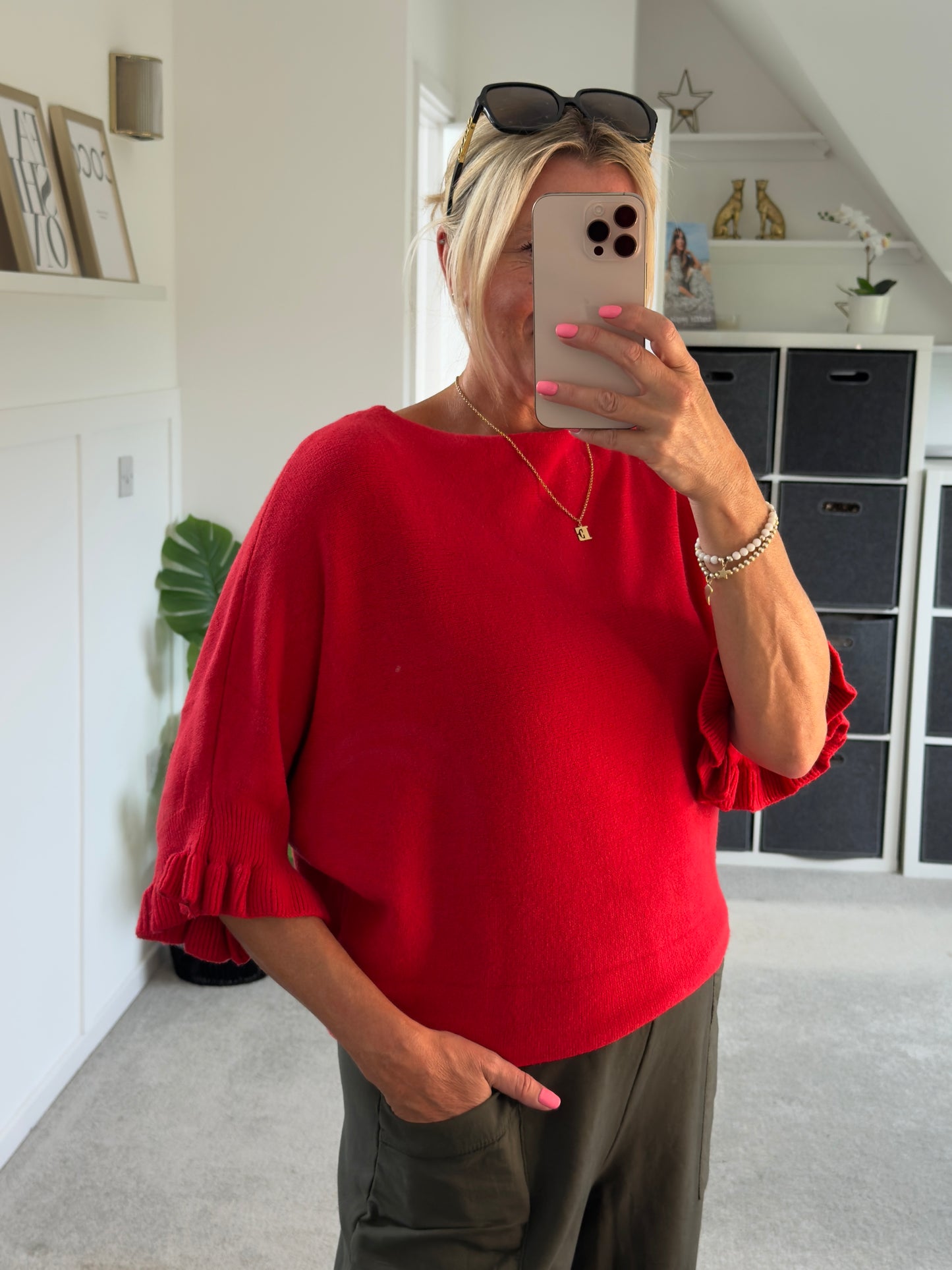 Red Frill Sleeve Batwing Jumper