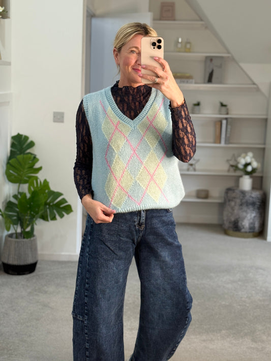 Blue/Pink Argyle V Neck Tank Top