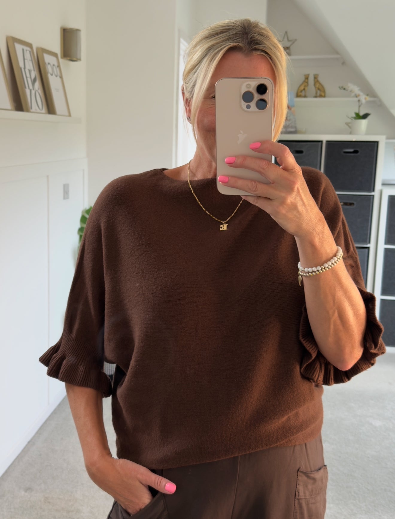 Chocolate Frill Sleeve Batwing Jumper