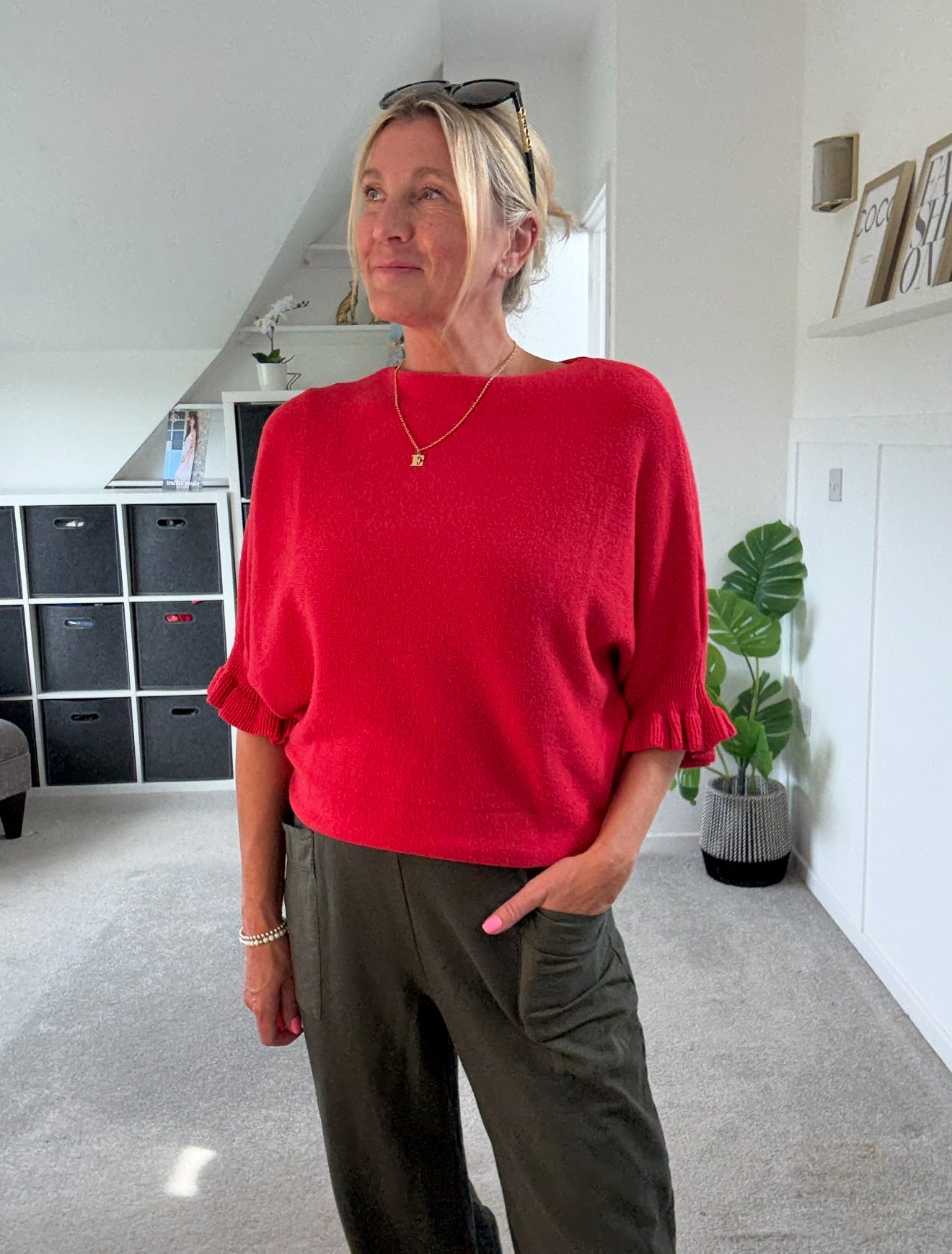 Red Frill Sleeve Batwing Jumper