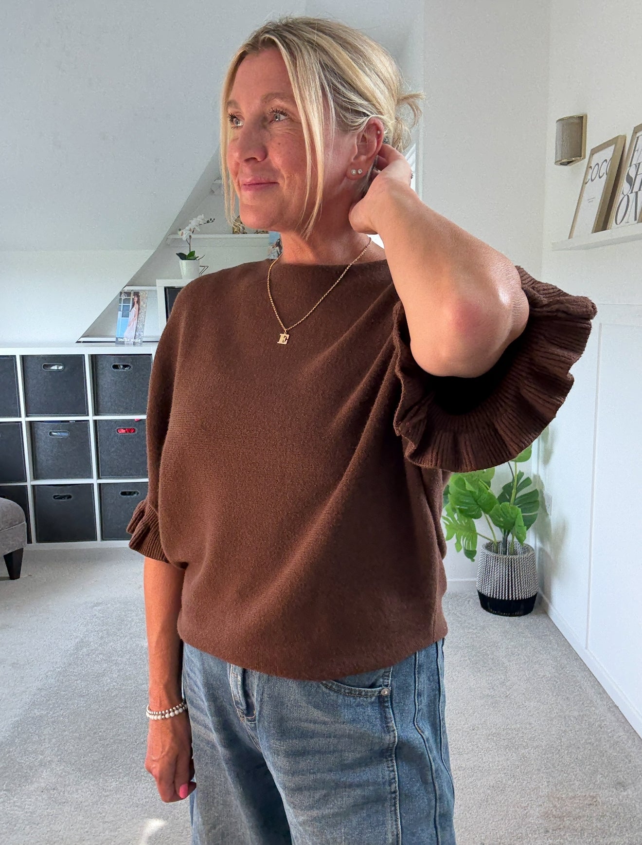 Chocolate Frill Sleeve Batwing Jumper