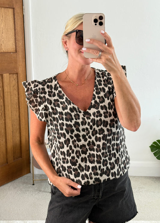 Leopard Print V Neck Cheesecloth Top
