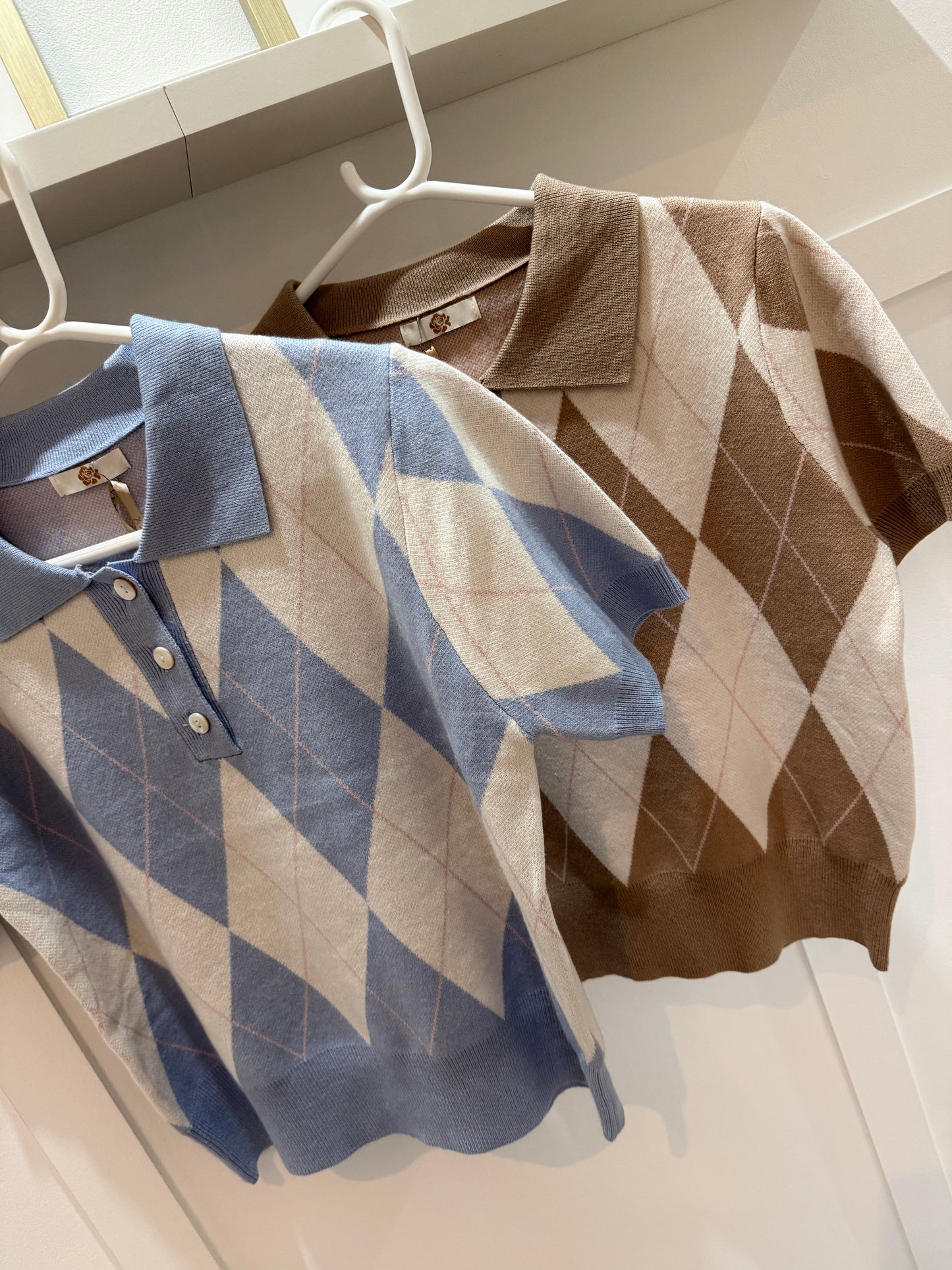 Sky Blue/Cream Argyle Polo S/S Jumper