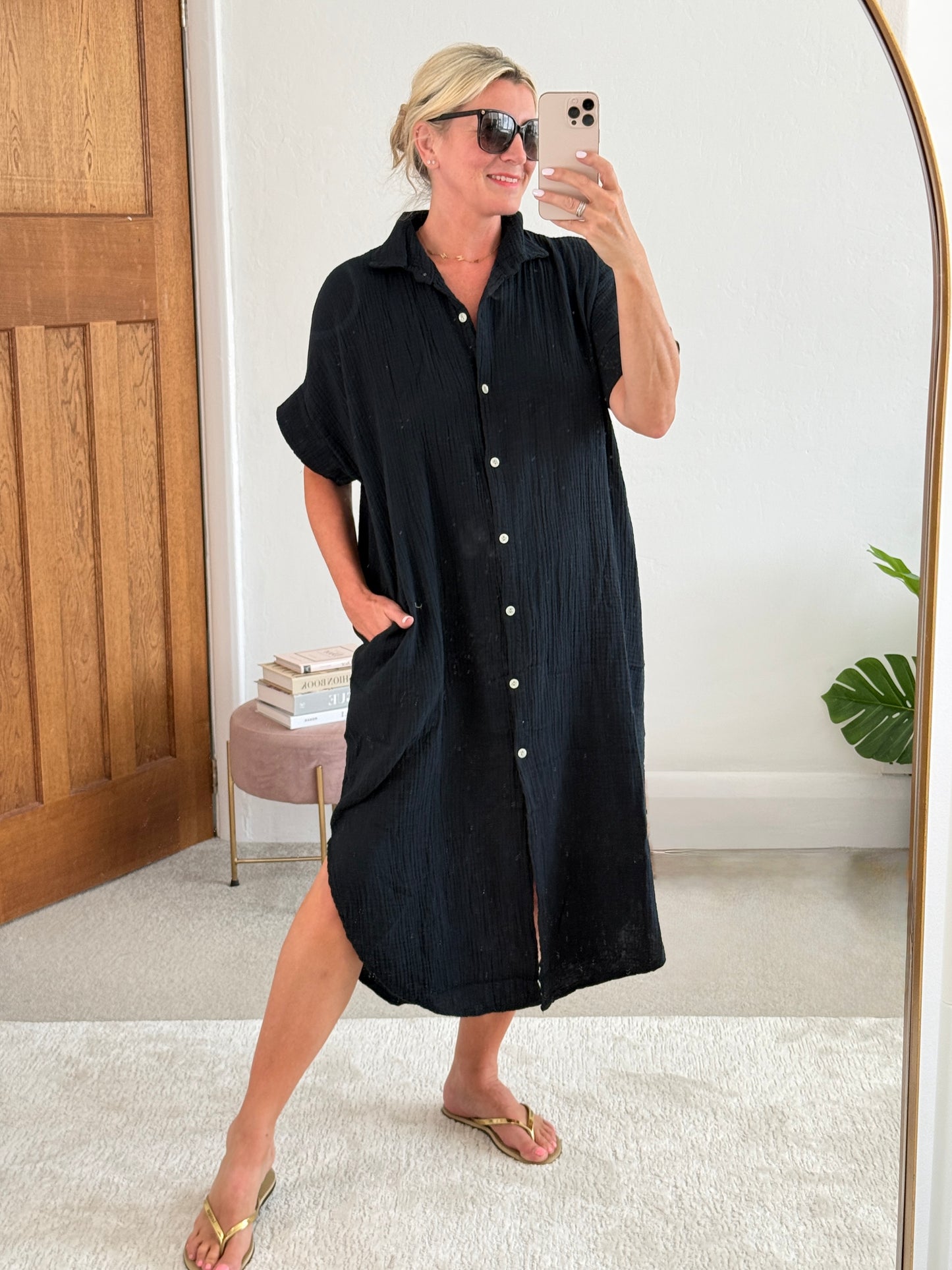 Black Cheesecloth Midi Shirt Dress