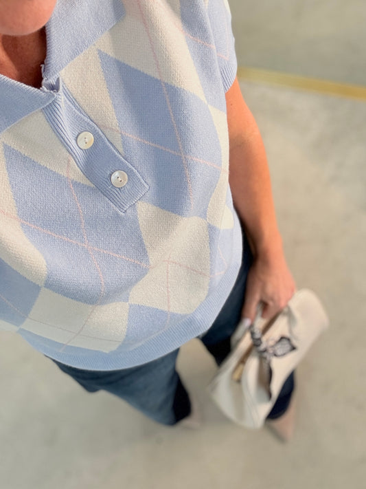 Sky Blue/Cream Argyle Polo S/S Jumper