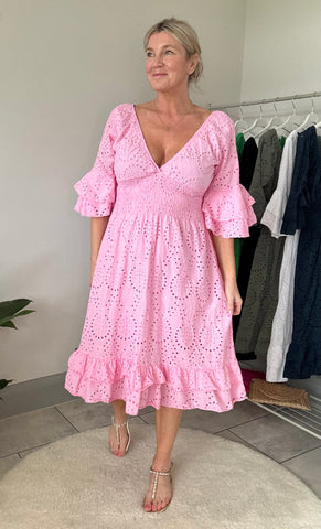 Pink Broderie Anglaise Midi Dress