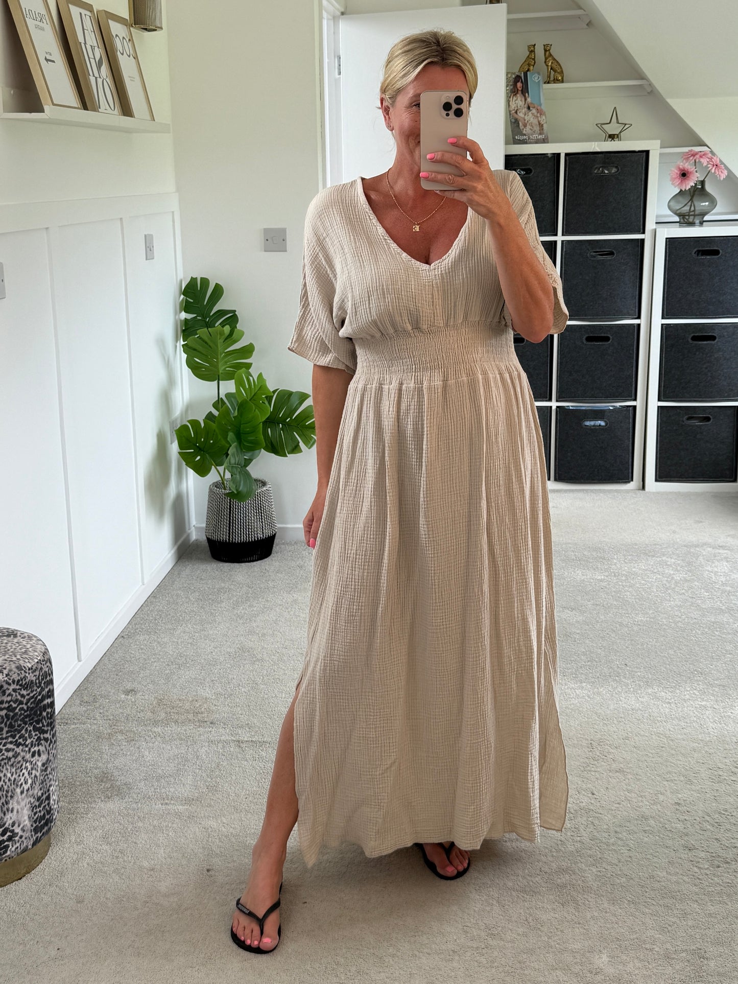 Stone Cheesecloth V Neck Maxi Dress