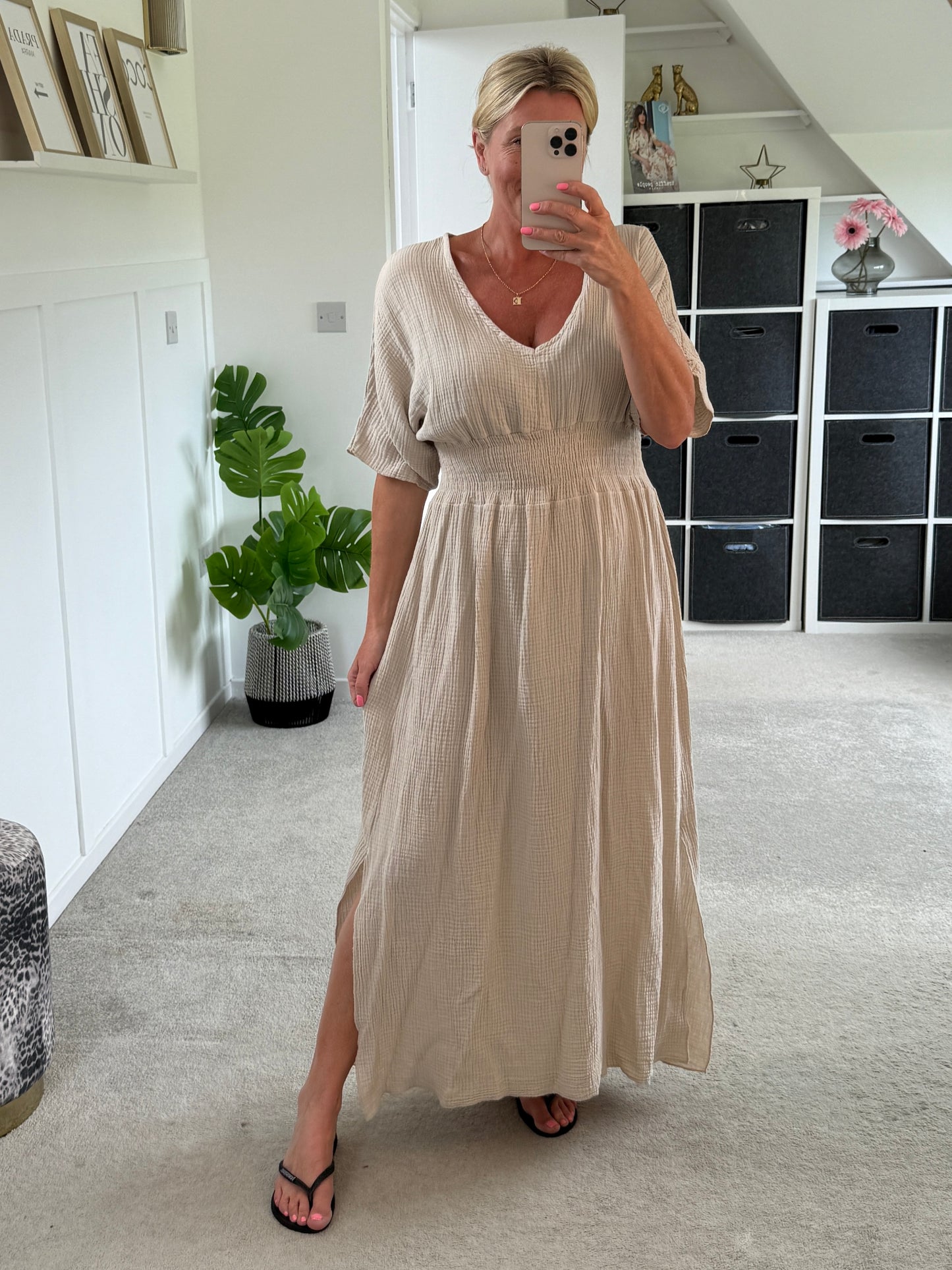 Stone Cheesecloth V Neck Maxi Dress
