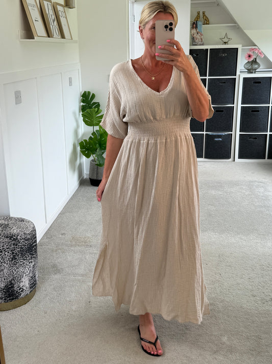 Stone Cheesecloth V Neck Maxi Dress