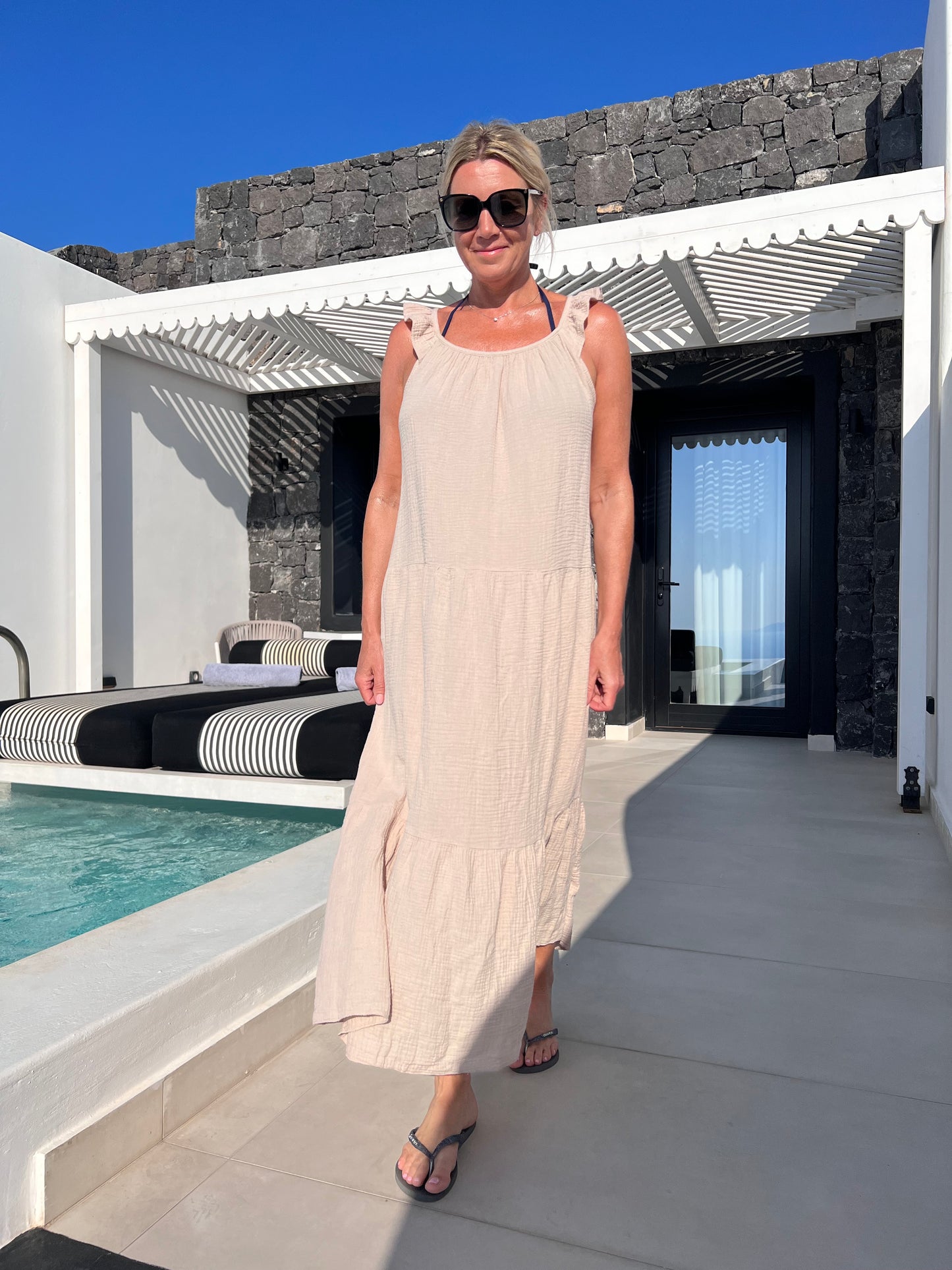 Khaki Frill Shoulder Floaty Dress