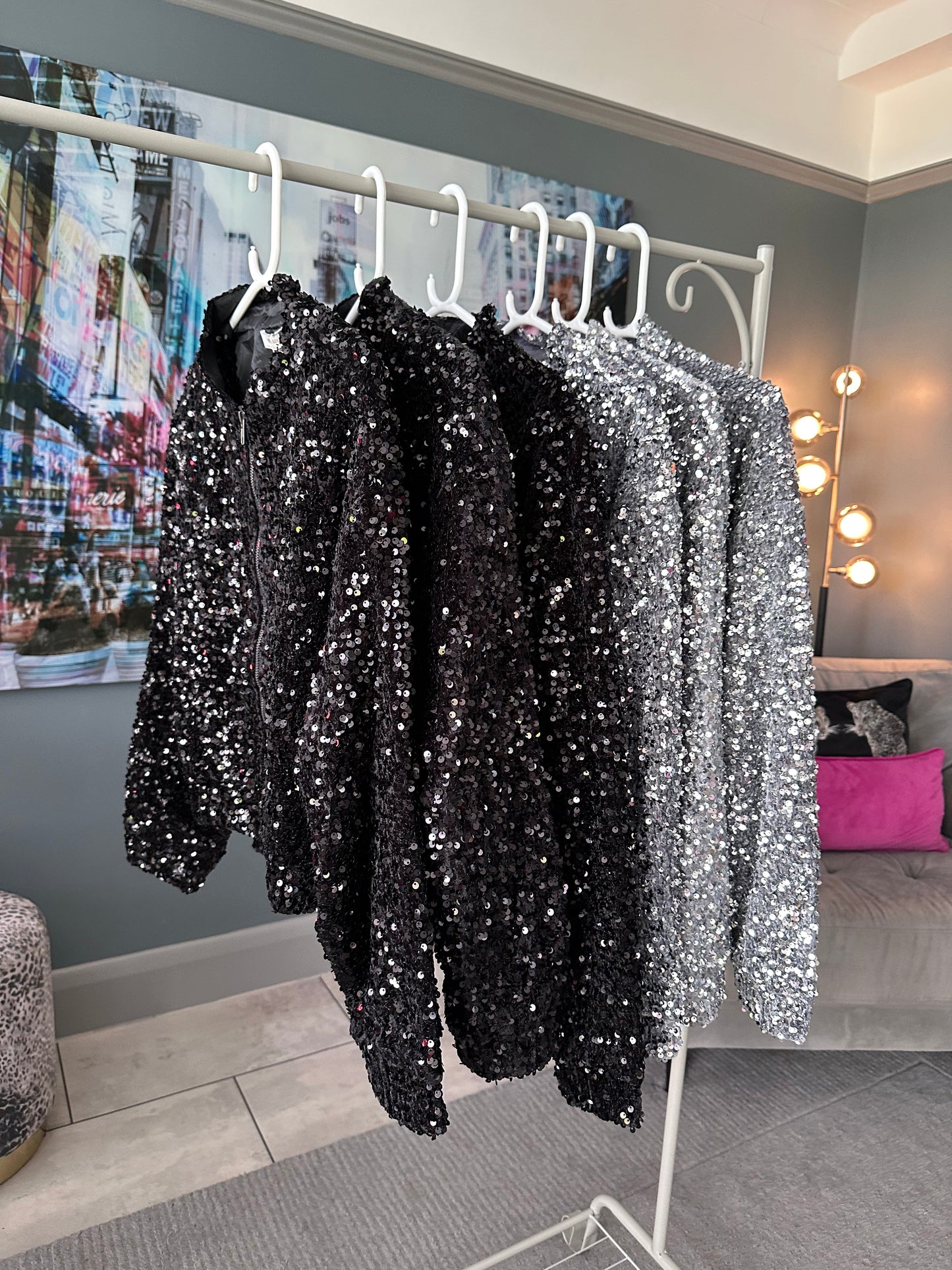 Black Sequin Bomber Jacket