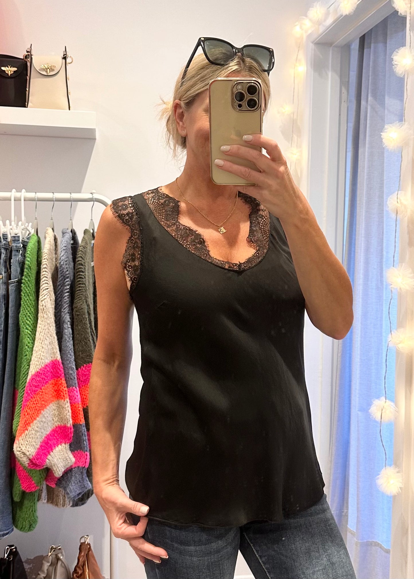Satin/Lace V Neck Top
