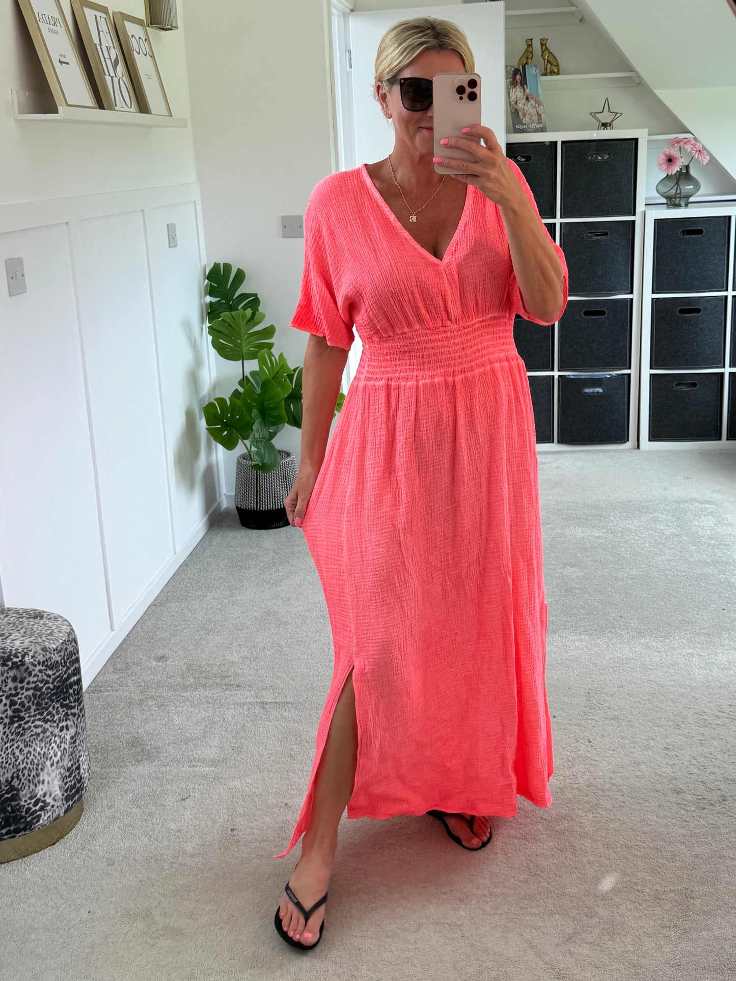 Neon Orange Cheesecloth V Neck Maxi Dress