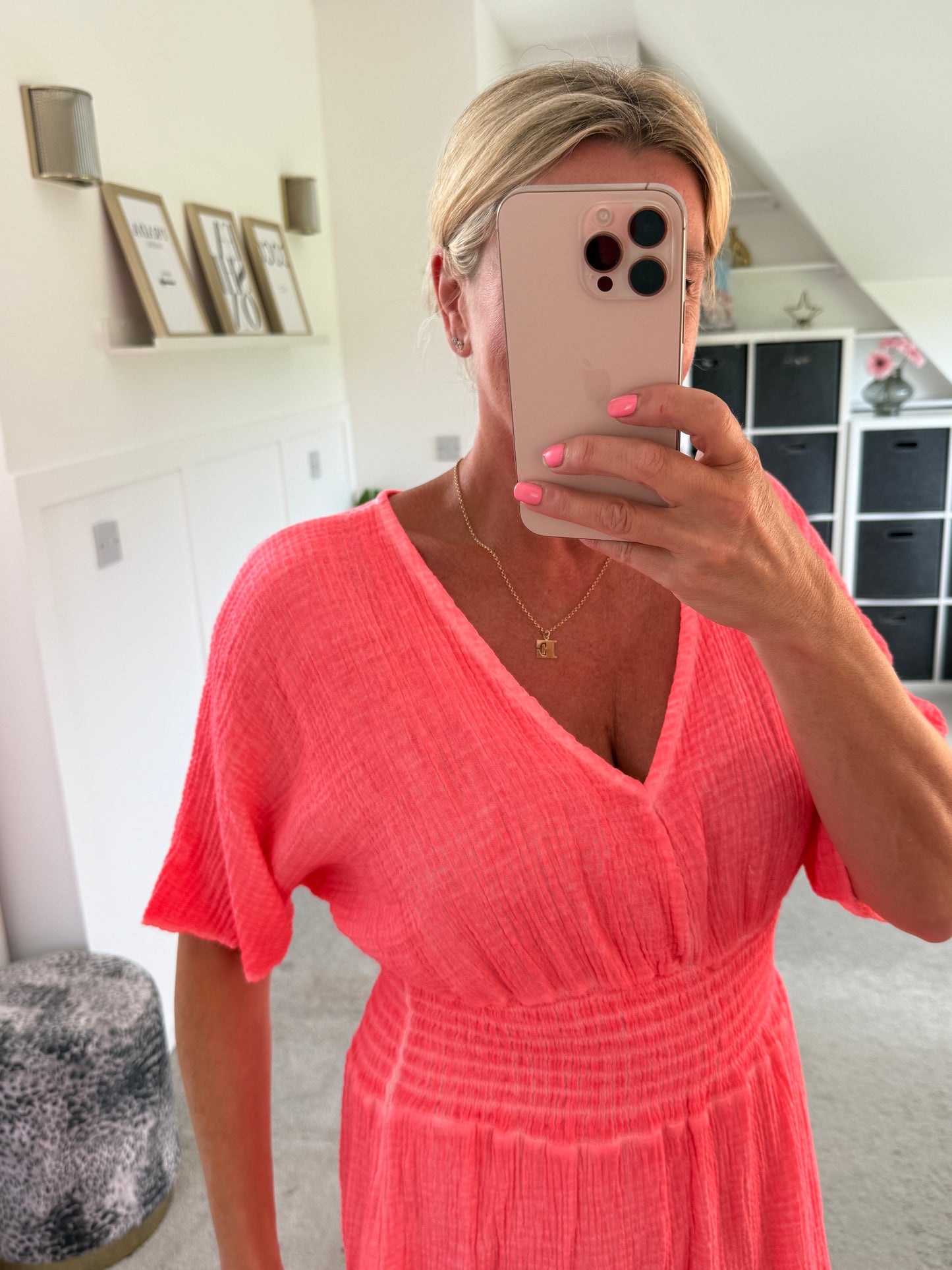 Neon Orange Cheesecloth V Neck Maxi Dress